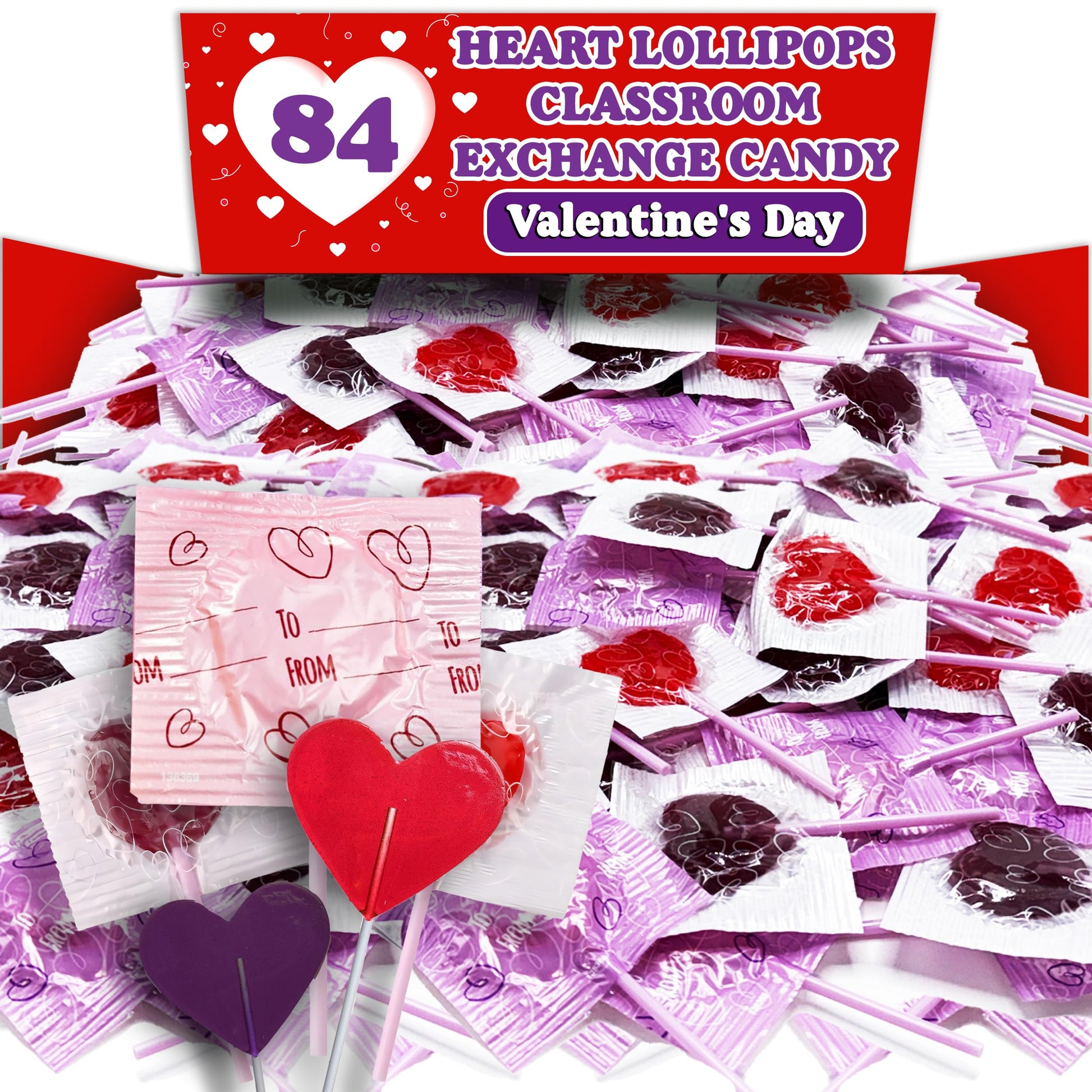 Valentine'S Day Heart Lollipops, 84 Count Bulk Valentine Exchange Lollipops, Heart Shaped Assorted Fruit Flavored Lollipops Individually Wrapped, Addressable Labels For Classroom Exchange