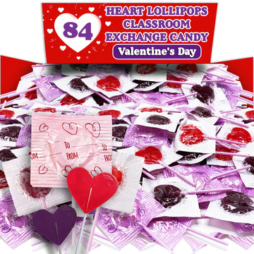 Valentine'S Day Heart Lollipops, 84 Count Bulk Valentine Exchange Lollipops, Heart Shaped Assorted Fruit Flavored Lollipops Individually Wrapped, Addressable Labels For Classroom Exchange