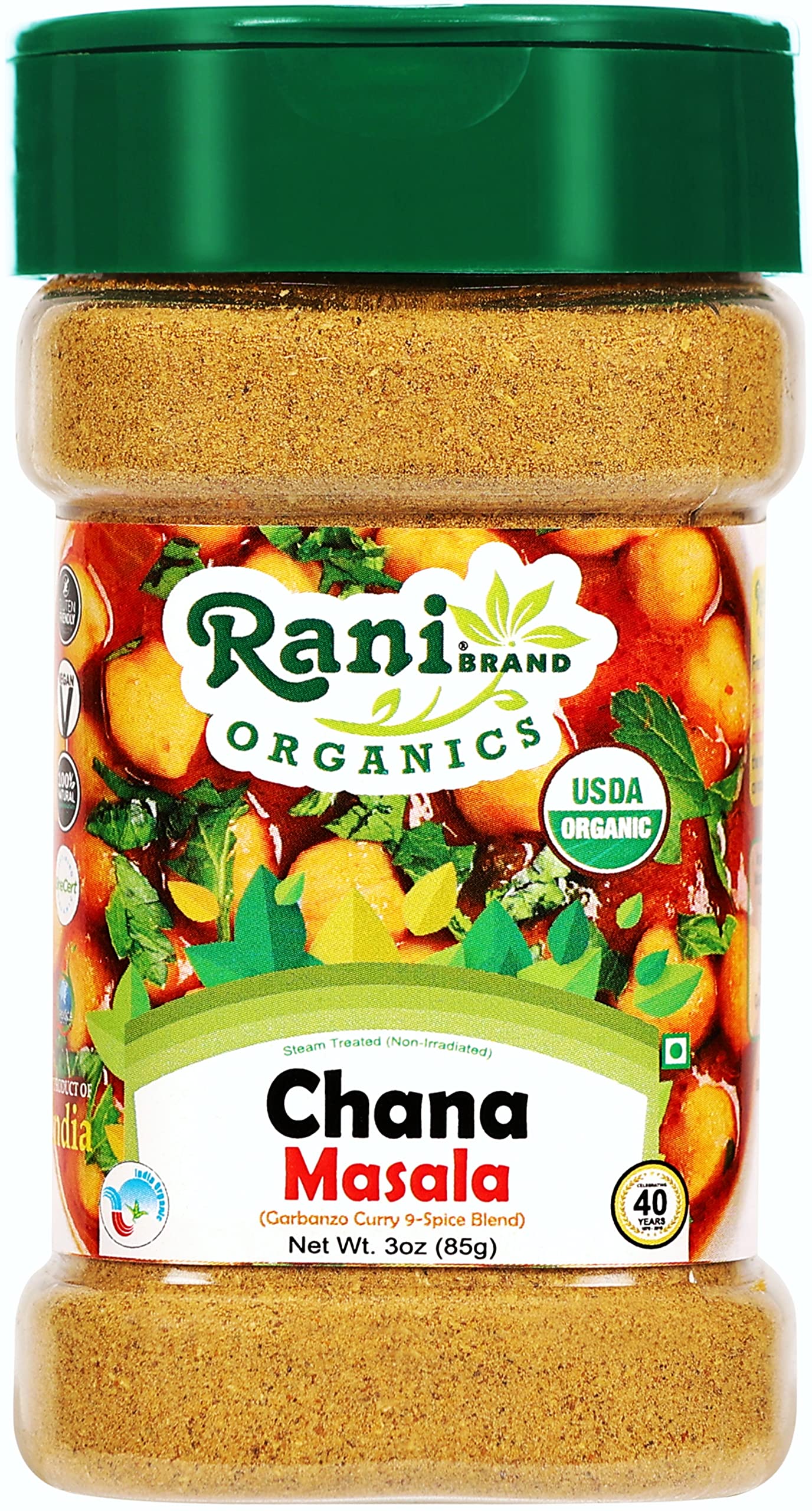 Rani Organic Chana Masala (Garbanzo Curry 9-Spice Blend) 3oz (85g) PET Jar ~ All Natural | Vegan | Gluten Friendly | NON-GMO | I