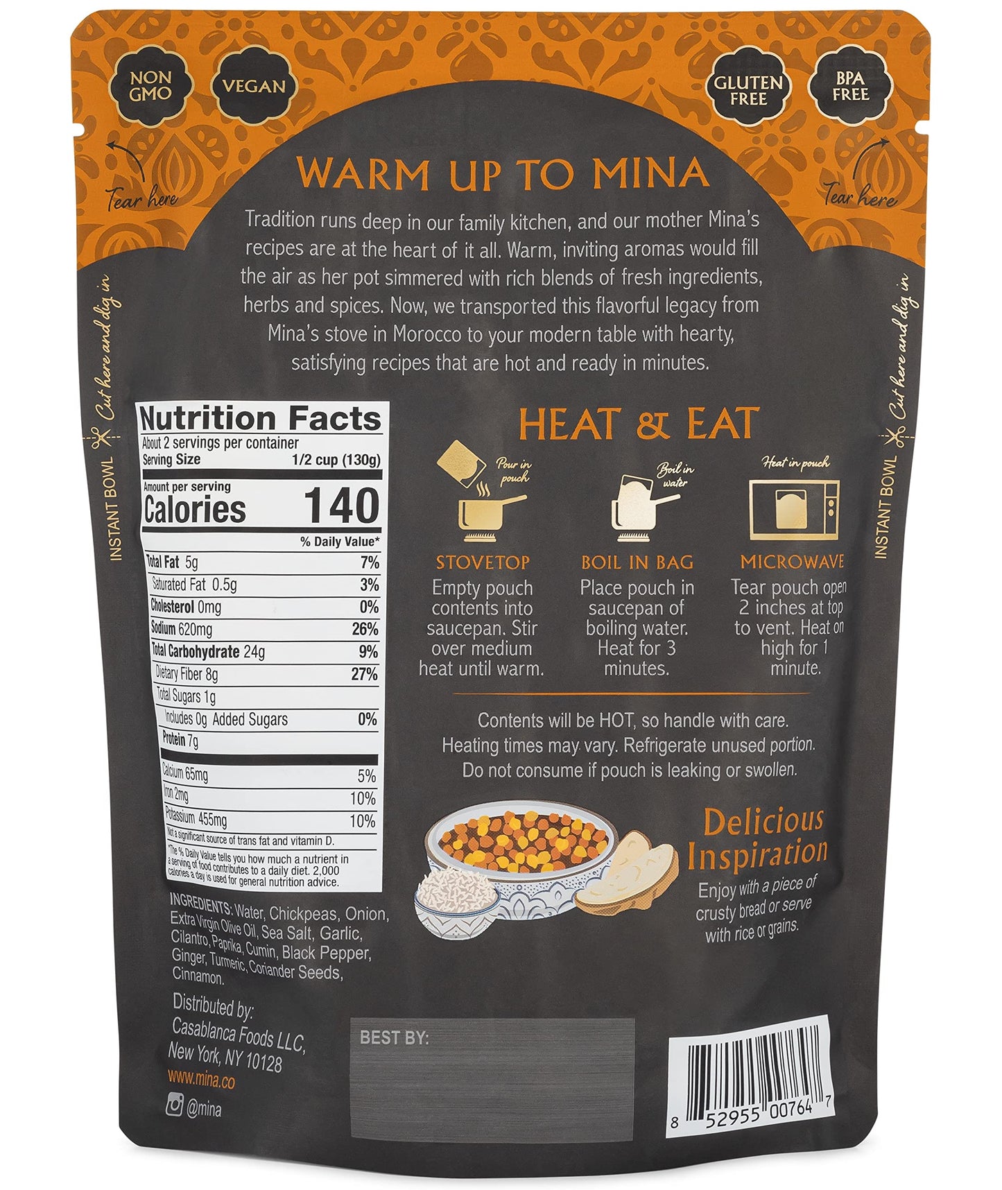 Mina Moroccan Chickpeas, Ready To Eat, Chickpeas High In Plant Based Protein, Vegan, Non-Gmo, Gluten Free, Kosher, Microwavable, Packaged Meals & Side Dishes, 10 Oz (Pack Of 6)