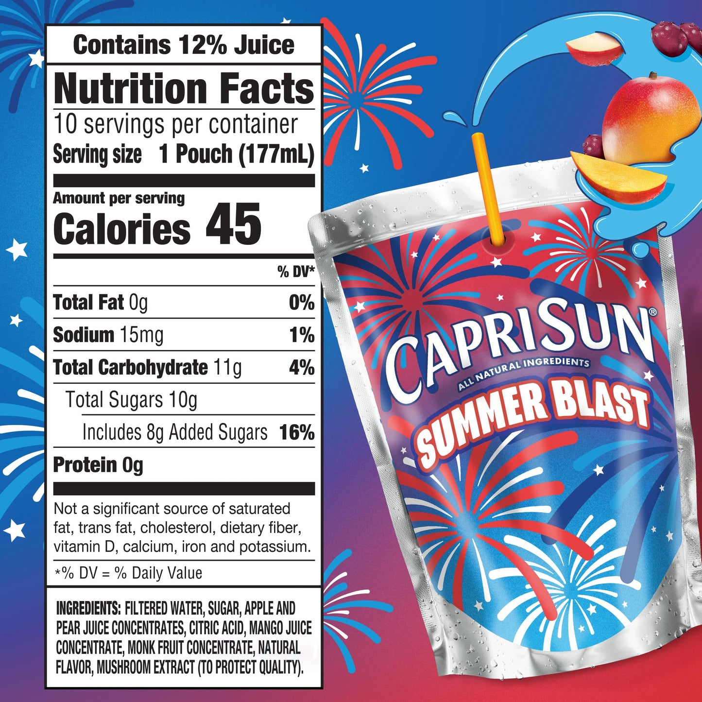 Capri Sun Summer Blast Passion Fruit Mango flavored Juice Drink Blend  from concentrate with other natural flavor  10 ct Box  6 fl oz Pouches