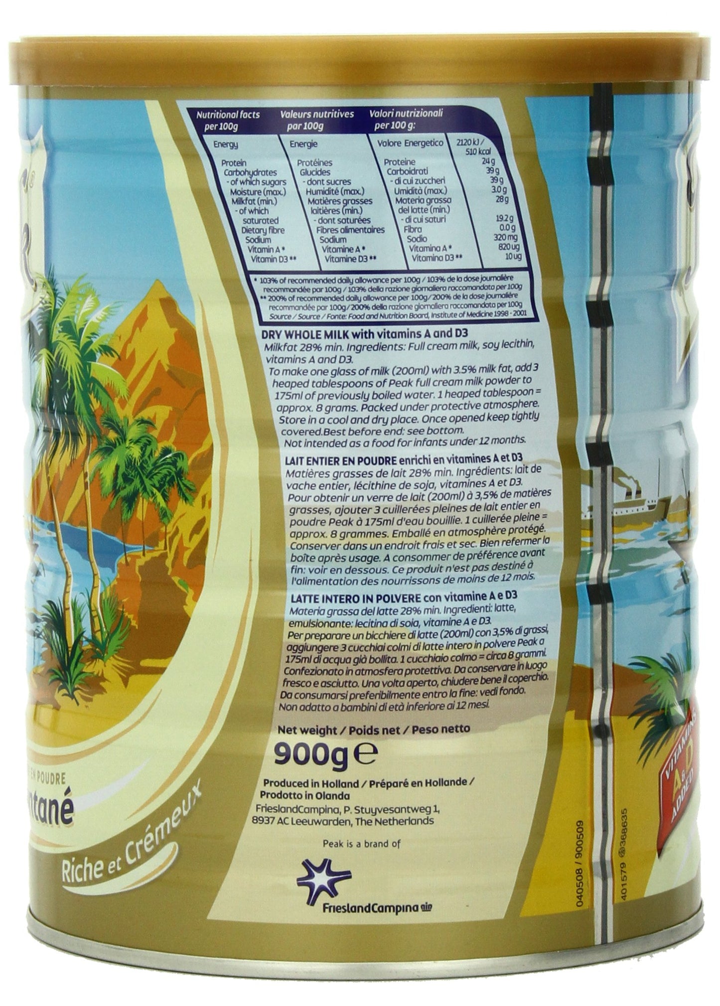 Peak Whole Milk Powder, 2 Pound (900G) Can - European Milk From Holland, Rbst Free, Full Rich Flavor, Dissolves Instantly, Long Shelf Life, Premium Full Fat Quality