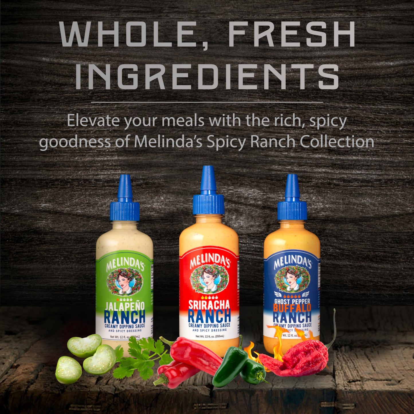 Melindas Spicy Ranch Collection - Variety Gourmet Sauce Gift Set with Creamy Sriracha, Ghost Pepper Buffalo & Jalapeno Ranch Dip