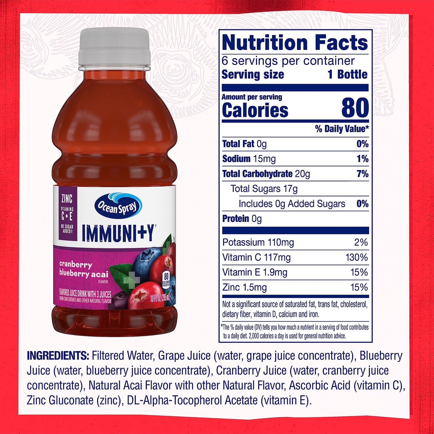 Ocean Spray Immunity Cranberry Blueberry Acai Flavored Juice Drinks, 10 Fl Oz Bottles, 6 Count (Pack Of 1)