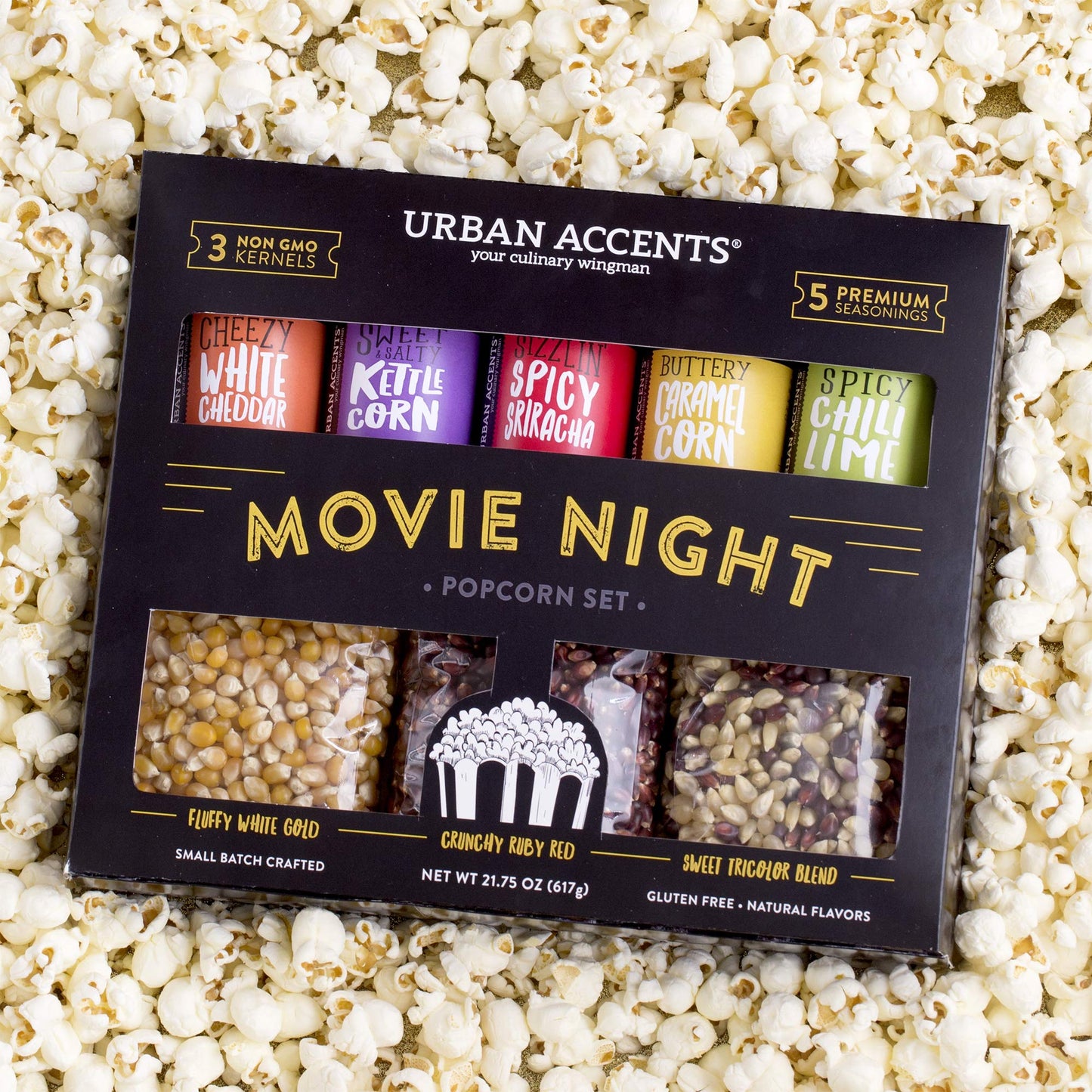 Urban Accents MOVIE NIGHT Popcorn Kernels and Popcorn Seasoning Variety Pack (set of 8) - 3 Non-GMO Popcorn Kernel Packs and 5 G
