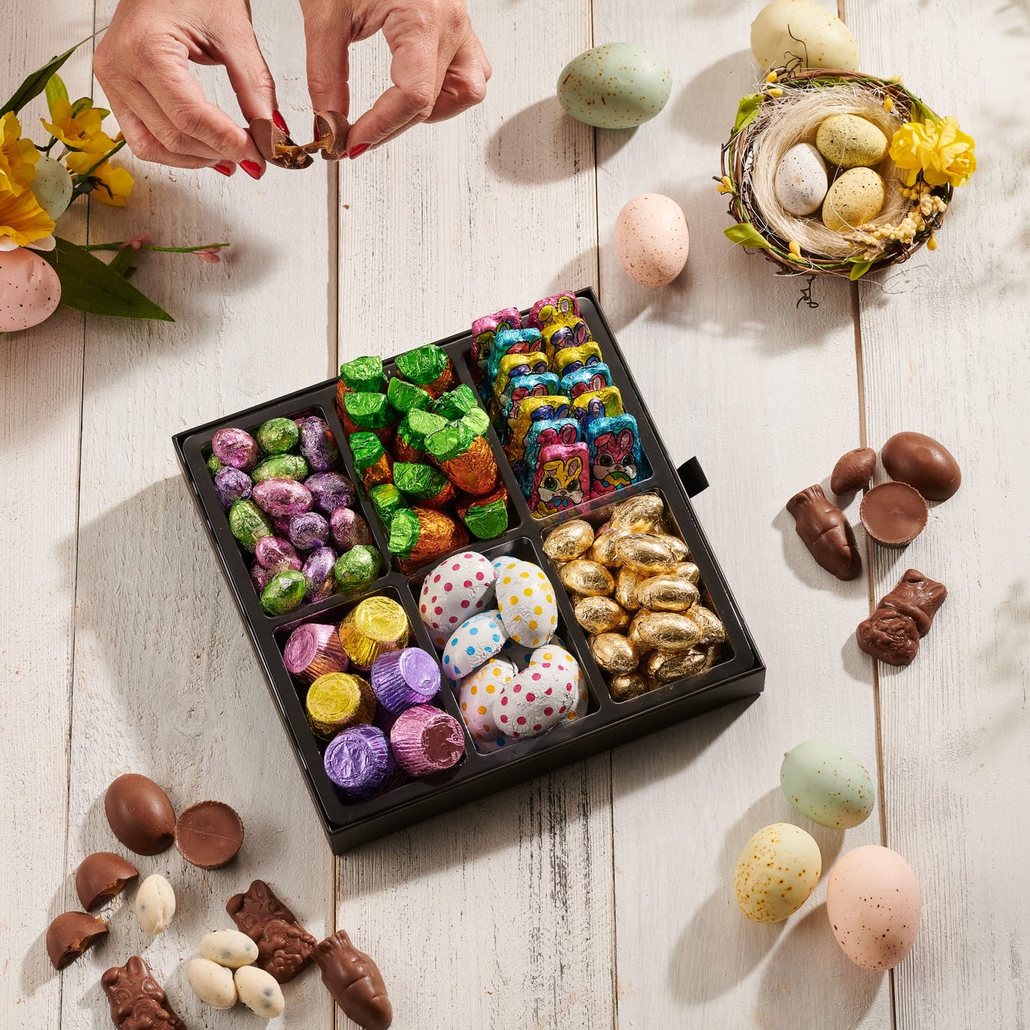 Easter Candy And Chocolate Platter With Milk Chocolate Bunnies, Chocolate Carrots, Cookies & Cream Eggs, And More! Kosher Holiday Mixed Gift Basket Candy Platter