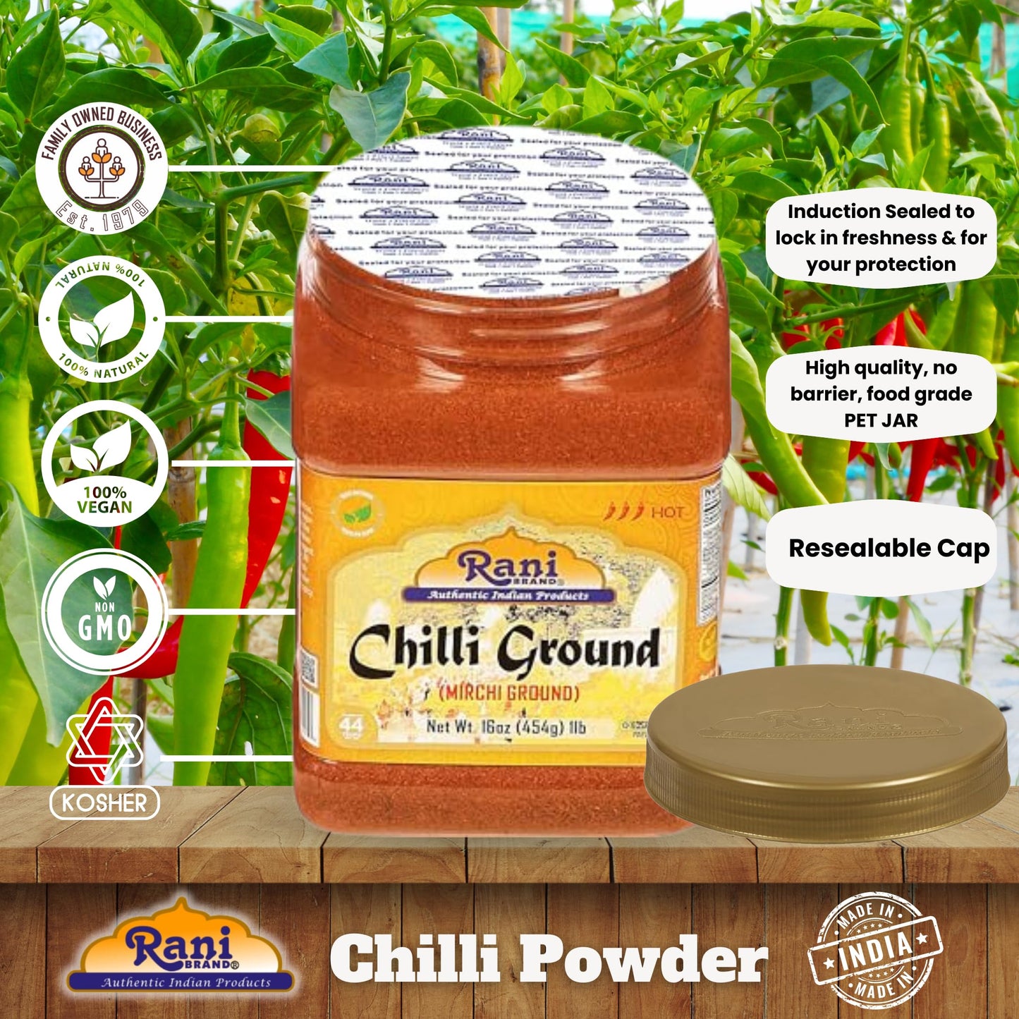 Rani Chilli Powder (Mirchi) Ground Indian Spice 16Oz (1Lb) 454G Pet Jar ~ All Natural | Salt-Free | Vegan | No Colors | Gluten F
