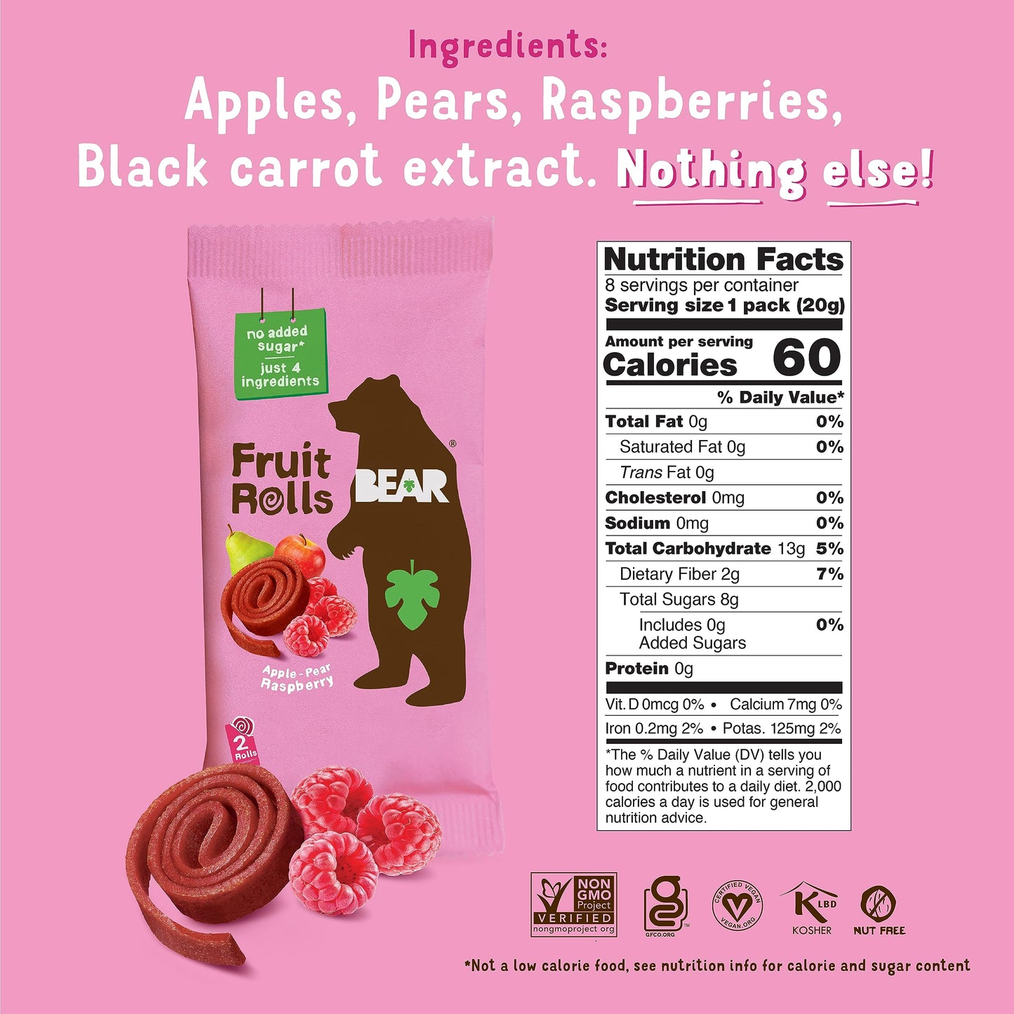 Bear Yoyo Fruit Rolls Variety Pack, Apple-Pear Strawberry, Apple-Pear Raspberry, No Added Sugar, Vegan Friendly, Kosher, Gluten