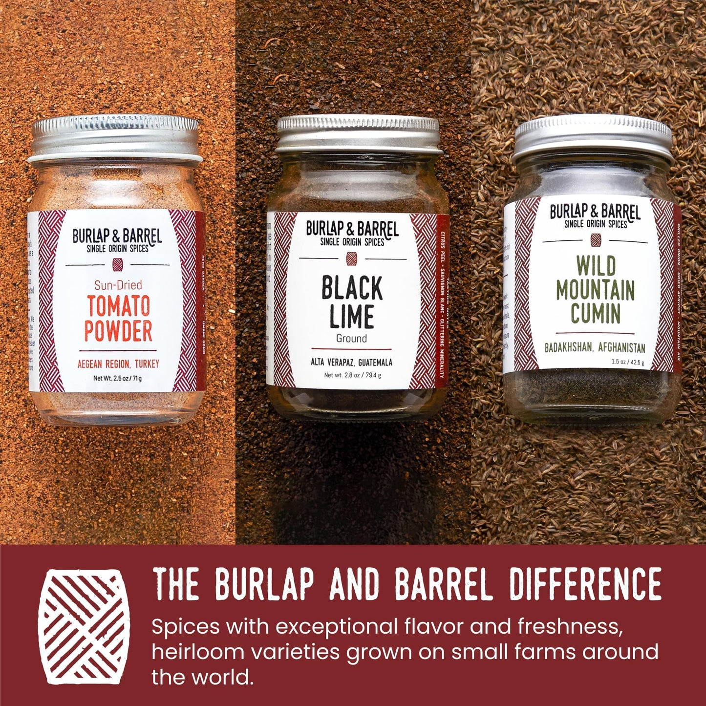 Burlap & Barrel Taco Seasoning Set - Wild Mountain Cumin, Sun-Dried Tomato, Black Lime - 3 Full Size (0.33 Fl Oz each) in Gift Box