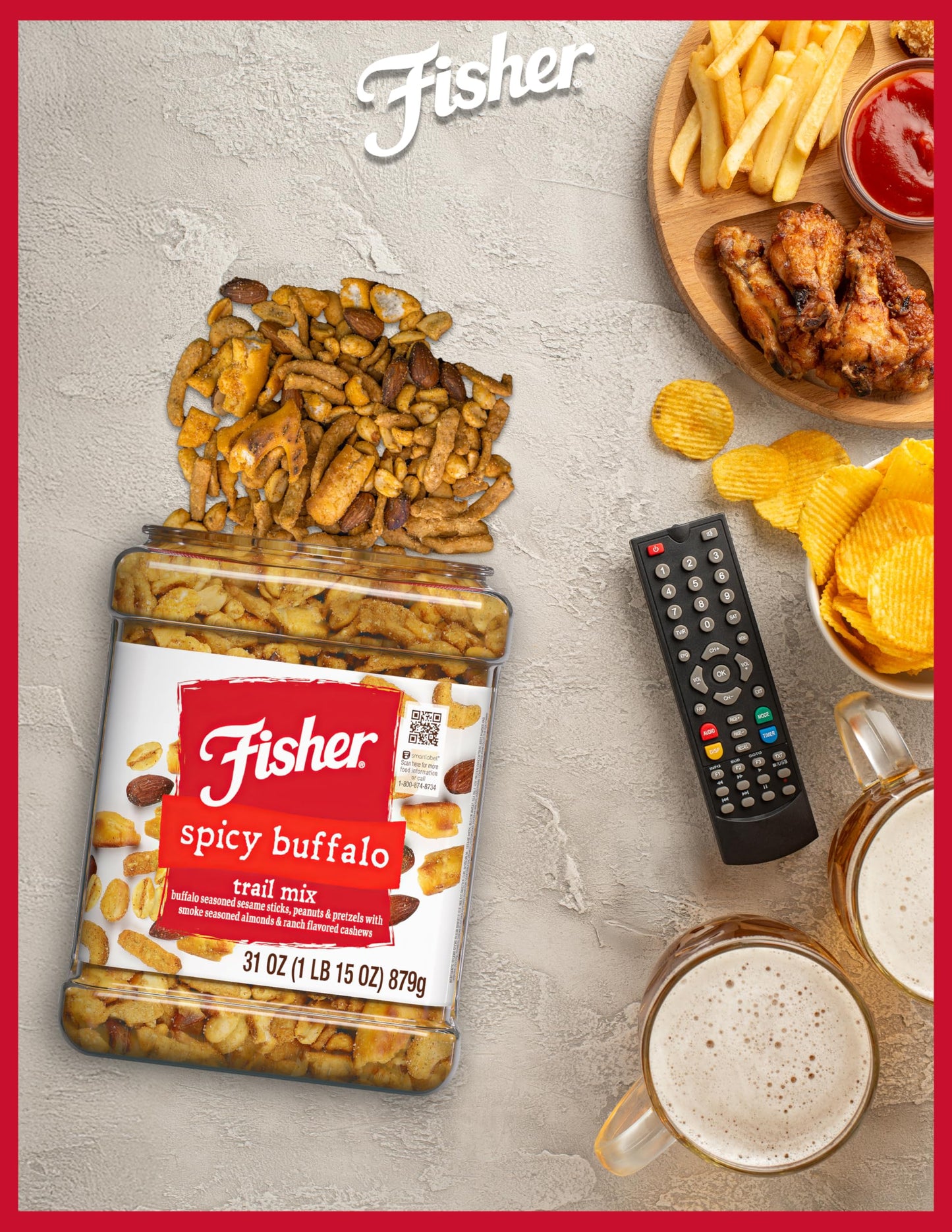 Fisher Spicy Buffalo Bulk Trail Mix, 31 Oz Jar; Buffalo Seasoned Sesame Sticks, Peanuts & Pretzels With Smoked Seasoned Almonds & Ranch Flavored Cashews; Hot Spicy Snack Mix, Snacks For Mature-Themeds