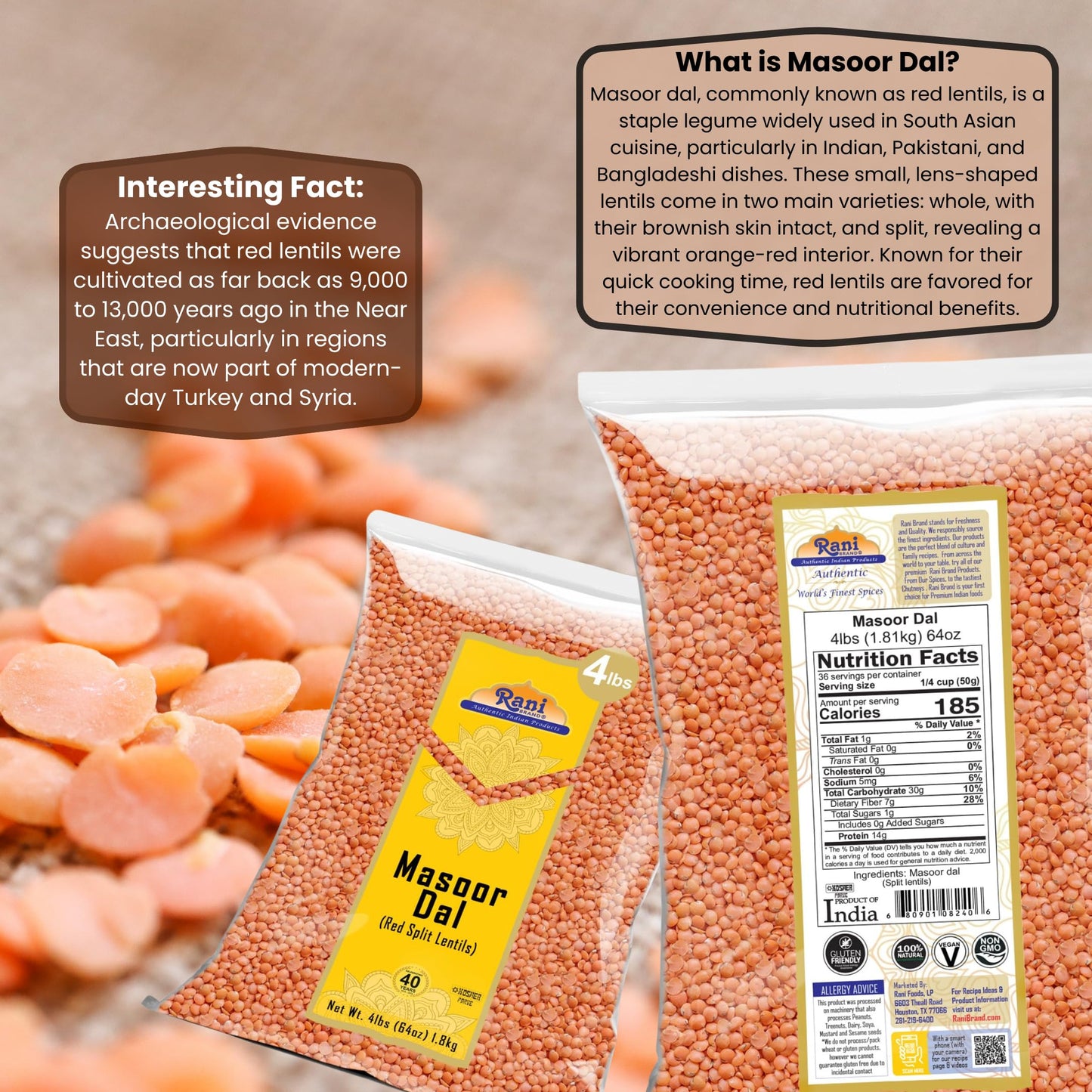 Rani Masoor Dal (Indian Red Lentils) Split Gram, 64oz (4lbs) 1.81kg Bulk ~ All Natural | Gluten Friendly | NON-GMO | Kosher | Ve