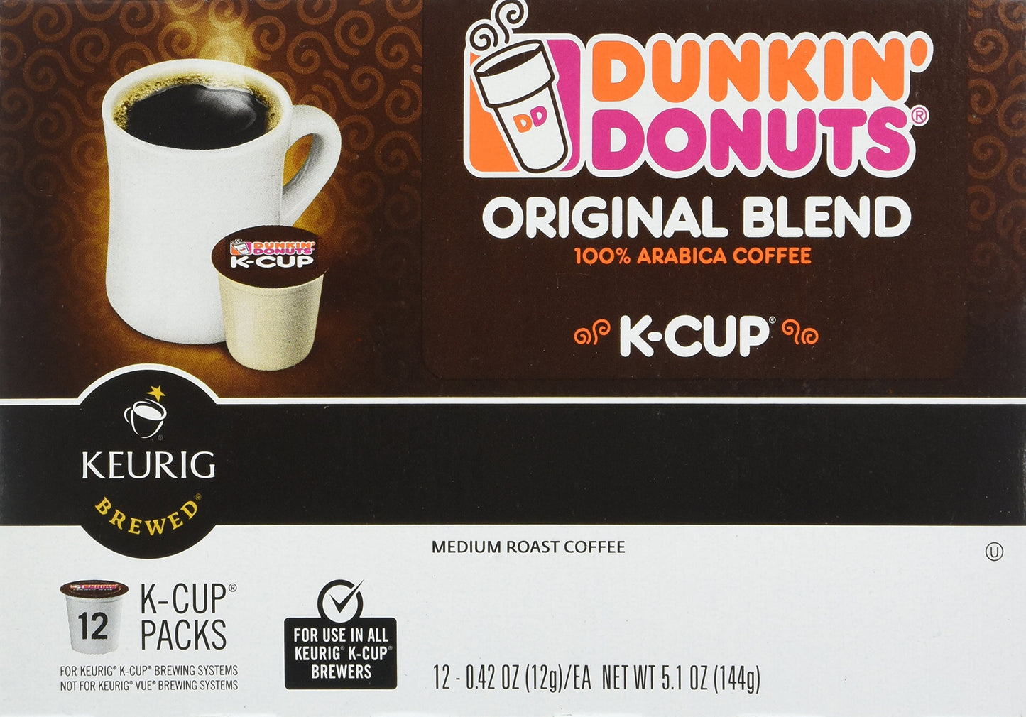 Dunkin' Donuts Original Blend Medium Roast Coffee, 12 K Cups For Keurig Makers