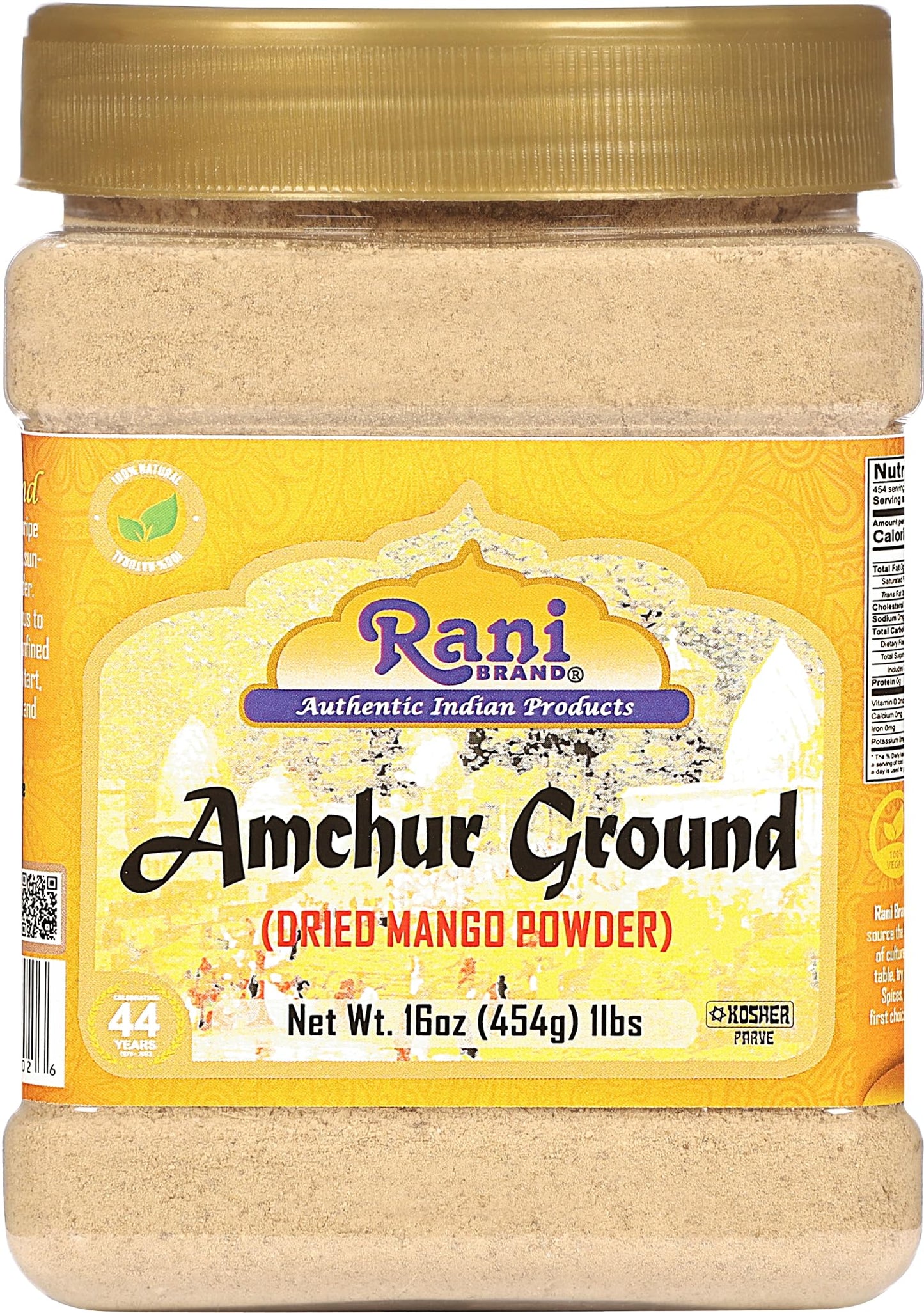 Rani Amchur (Mango) Ground Powder Spice 16oz (1lb) 454g PET Jar ~ All Natural, Indian Origin | No Color | Gluten Friendly | Vega