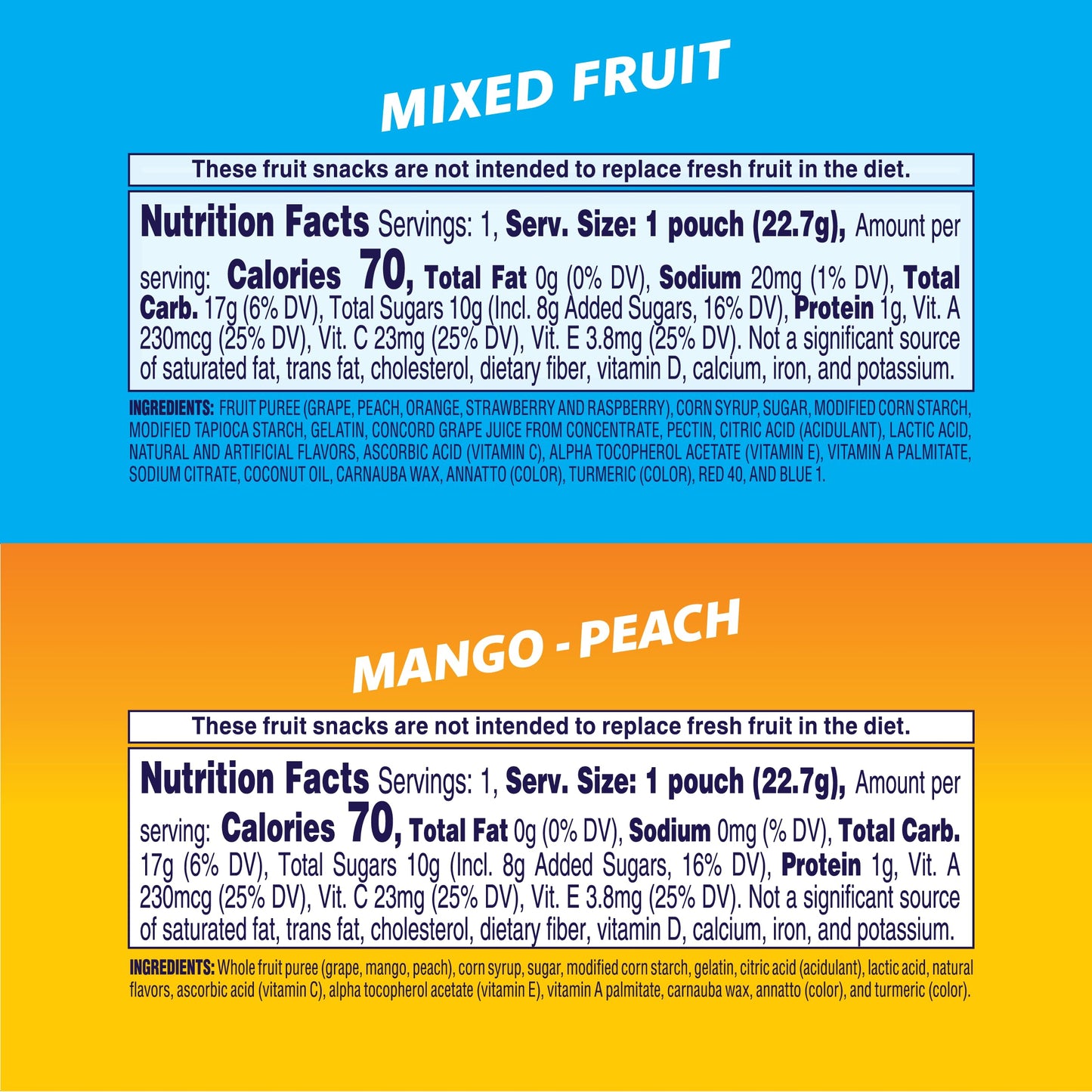 Welchs Fruit Snacks  Mixed Fruit & Mango Peach Snack Box  Gluten Free  Stocking Stuffers  0.8oz Snack Packs (Pack of 60)