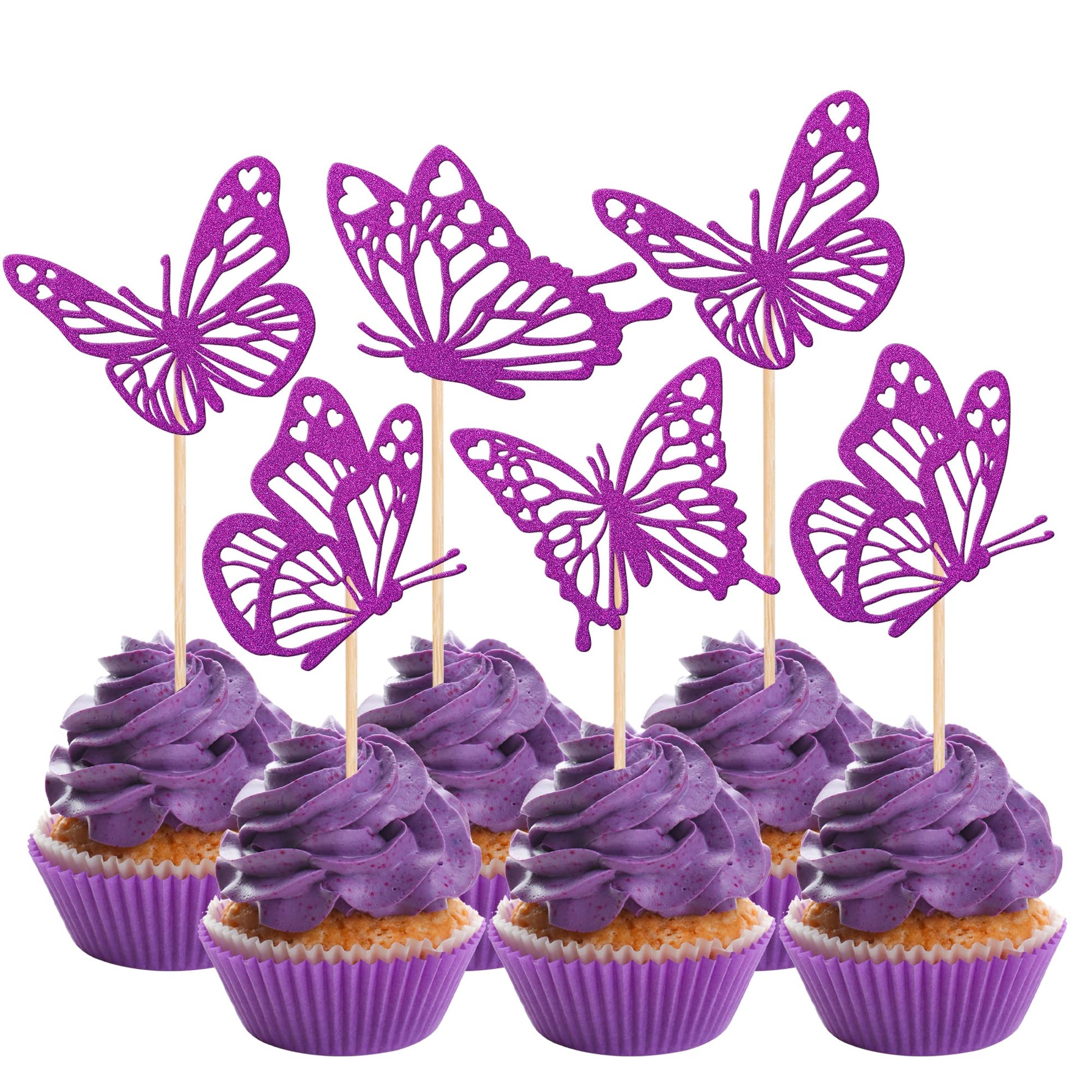 Rsstarxi Butterfly Cupcake Toppers, 24 Pack, Glitter, Purple, Model XM248-purple, Paper Decorations for Baby Shower, Wedding, Birthday Party