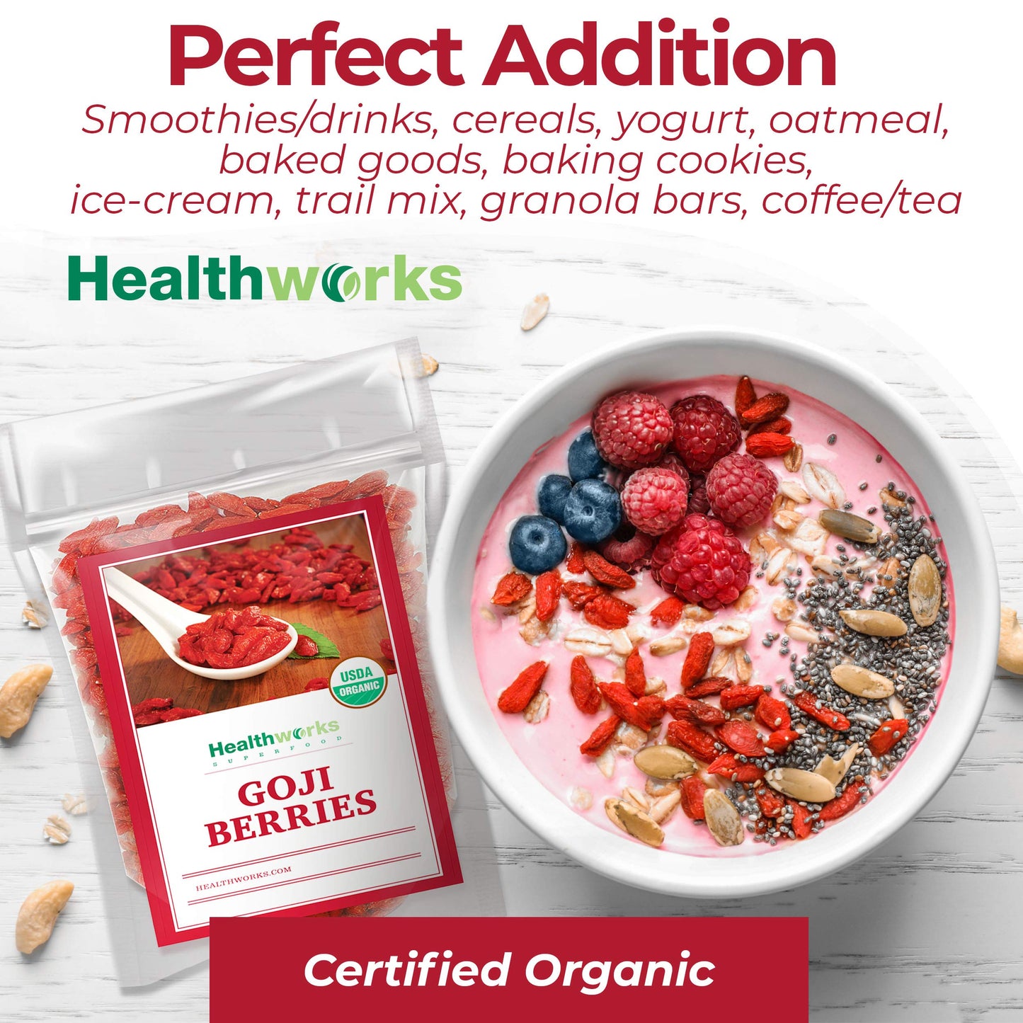 Healthworks Organic Dried Goji Berries, 16Oz - 1Lb, 1 Pack, Vegan And Non-Gmo Certified Organic Raw Sun-Dried Goji Berries