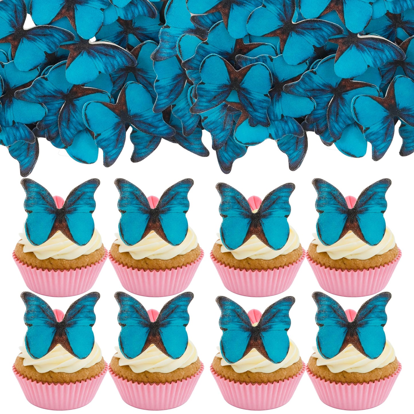 Gyufise 48Pcs Edible Butterfly Cake Decorations - Wafer Paper Butterflies & Cupcake Toppers - Blue