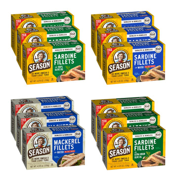 Season Sardines & Mackerel Variety - Wild Caught Sardines In Olive Oil, Water, Extra Virgin Olive Oil (Skinless & Boneless) & Mackerel In Water (Skinless & Boneless) No Salt Added - 3 Of Each, 12 Pack