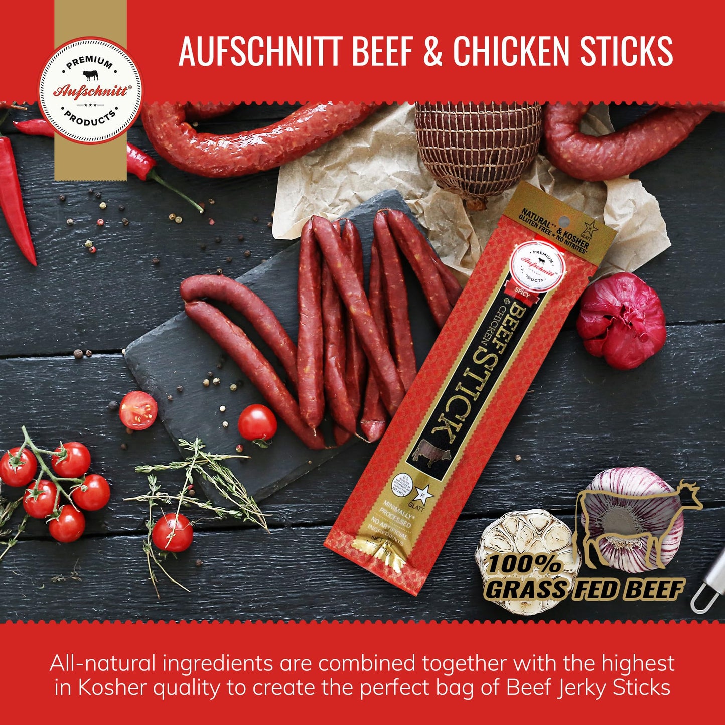 Aufschnitt Grass Fed Beef Jerky Sticks - Low Sodium, Certified Kosher - Halal And Keto Friendly - 6 Pack, Spicy