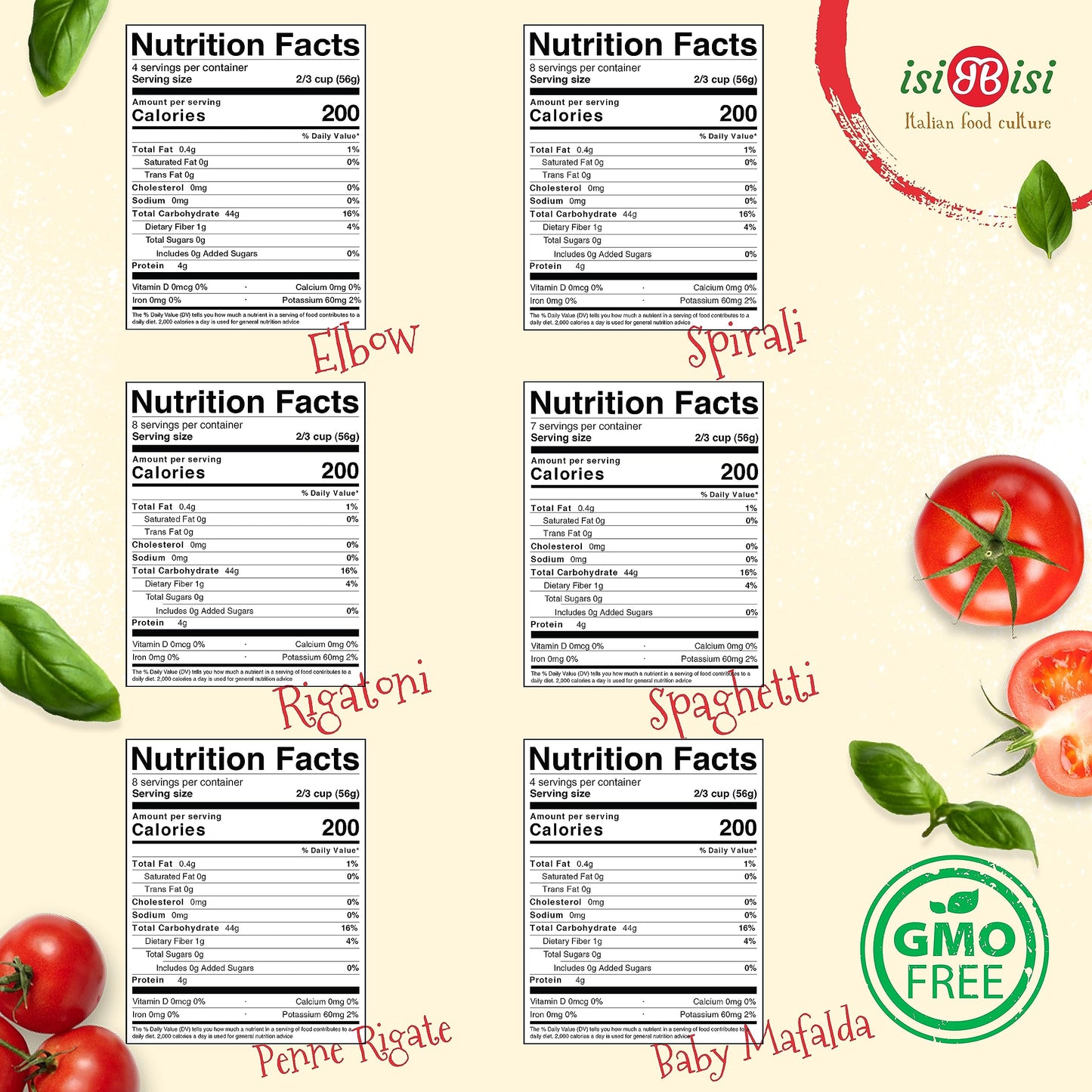 Isibisi Gluten Free Pasta Sampler - Penne, Spaghetti, Rigatoni, Elbow, Baby Mafalda Pasta, Spirali Noodles - Italian Pasta In Bu