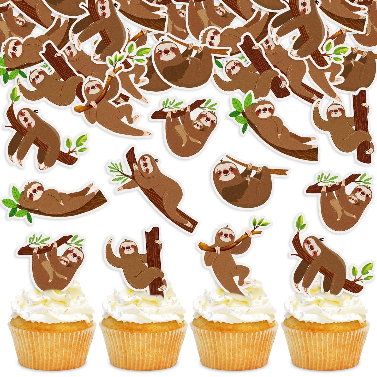42Pcs Edible Cupcake Toppers Wafer Paper Sloth Animal Cupcake Toppers Drink Topper Dessert Muffin Cake Picks Cake Decoration for