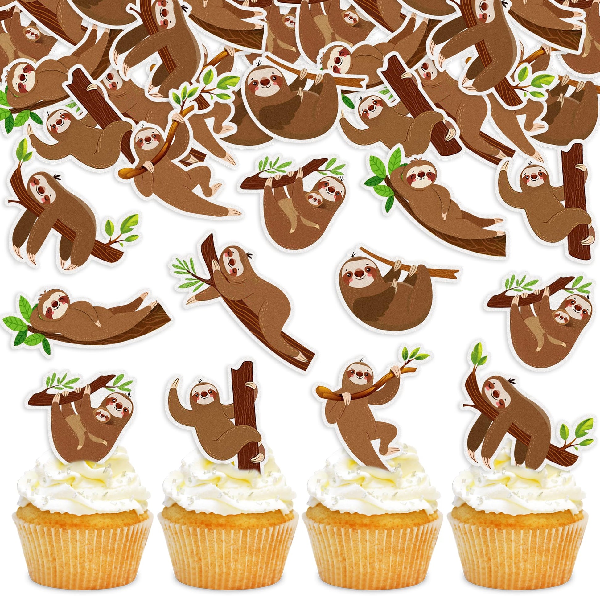 42Pcs Edible Cupcake Toppers Wafer Paper Sloth Animal Cupcake Toppers Drink Topper Dessert Muffin Cake Picks Cake Decoration for