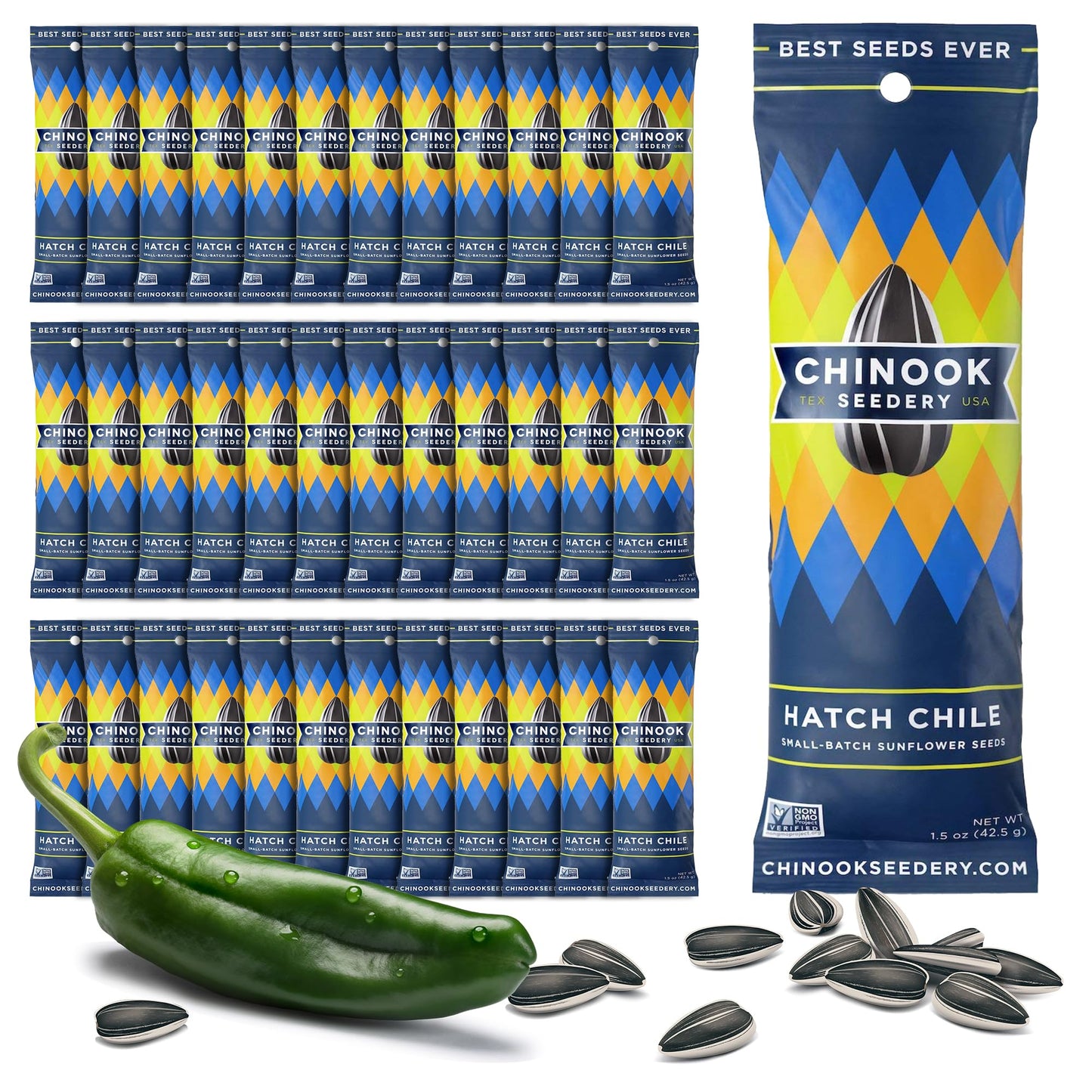 Chinook Seedery Roasted Sunflower Seeds to Eat - 1.5 oz (Pack of 36) Hatch Green Chile - Jumbo Low Sodium Sunflower Seeds Keto S