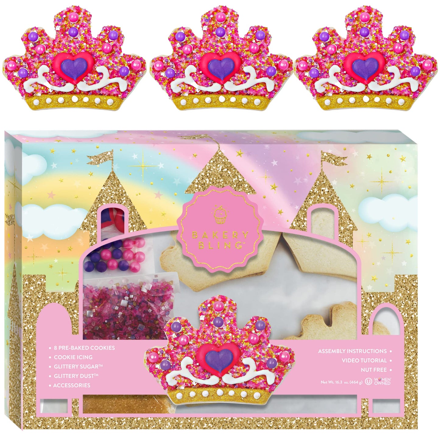 Princess Tiara Designer Cookie Kit - Decorate 8 Tiara-Shaped Sugar Cookies with Glittery Sugar, Icing & Edible Accessories - Nut