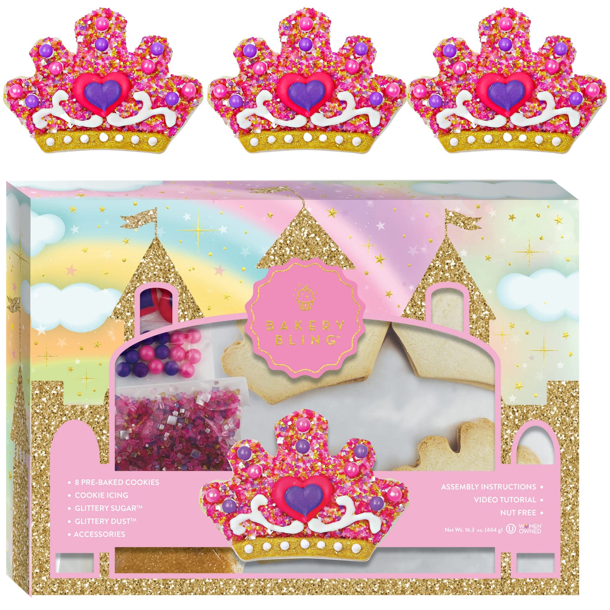 Princess Tiara Designer Cookie Kit - Decorate 8 Tiara-Shaped Sugar Cookies with Glittery Sugar, Icing & Edible Accessories - Nut