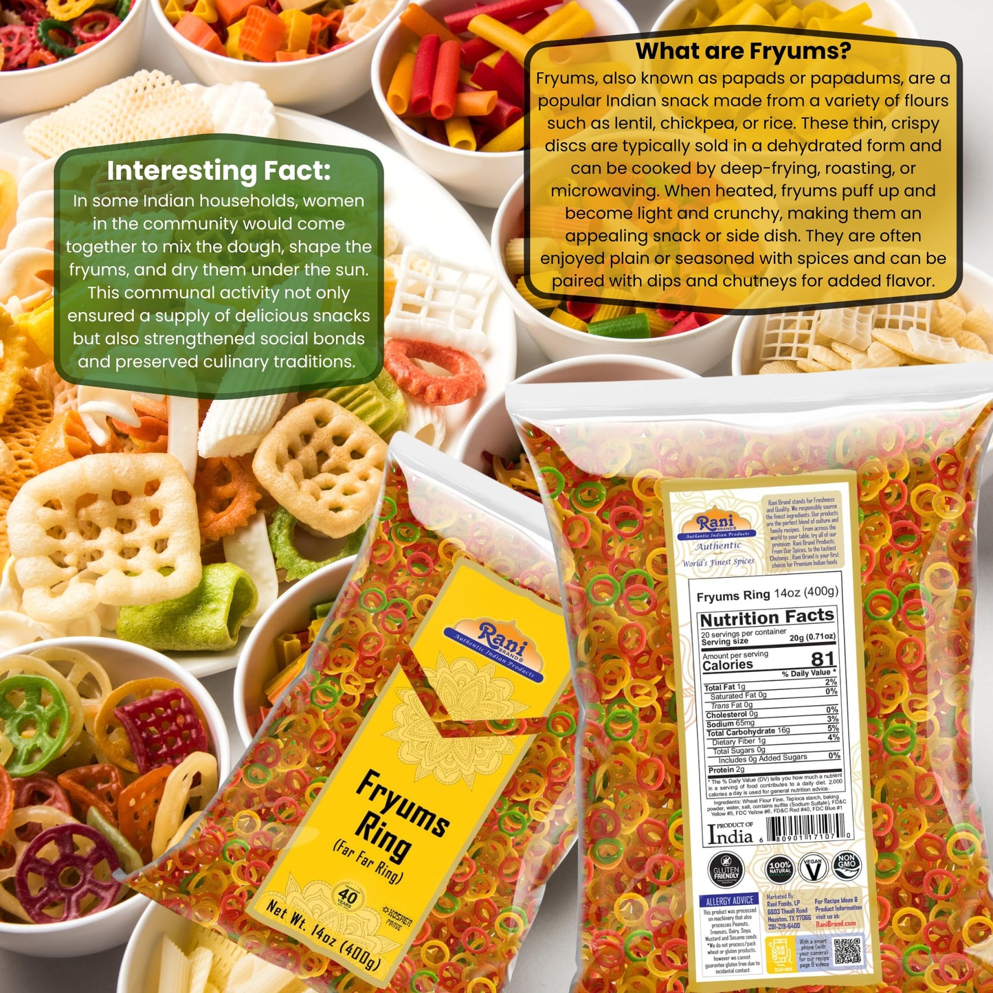 Rani Far Far Fryums - Vegan Wheat & Tapioca Snack, Ring Shape, 14oz (400g), Uncooked, Kosher