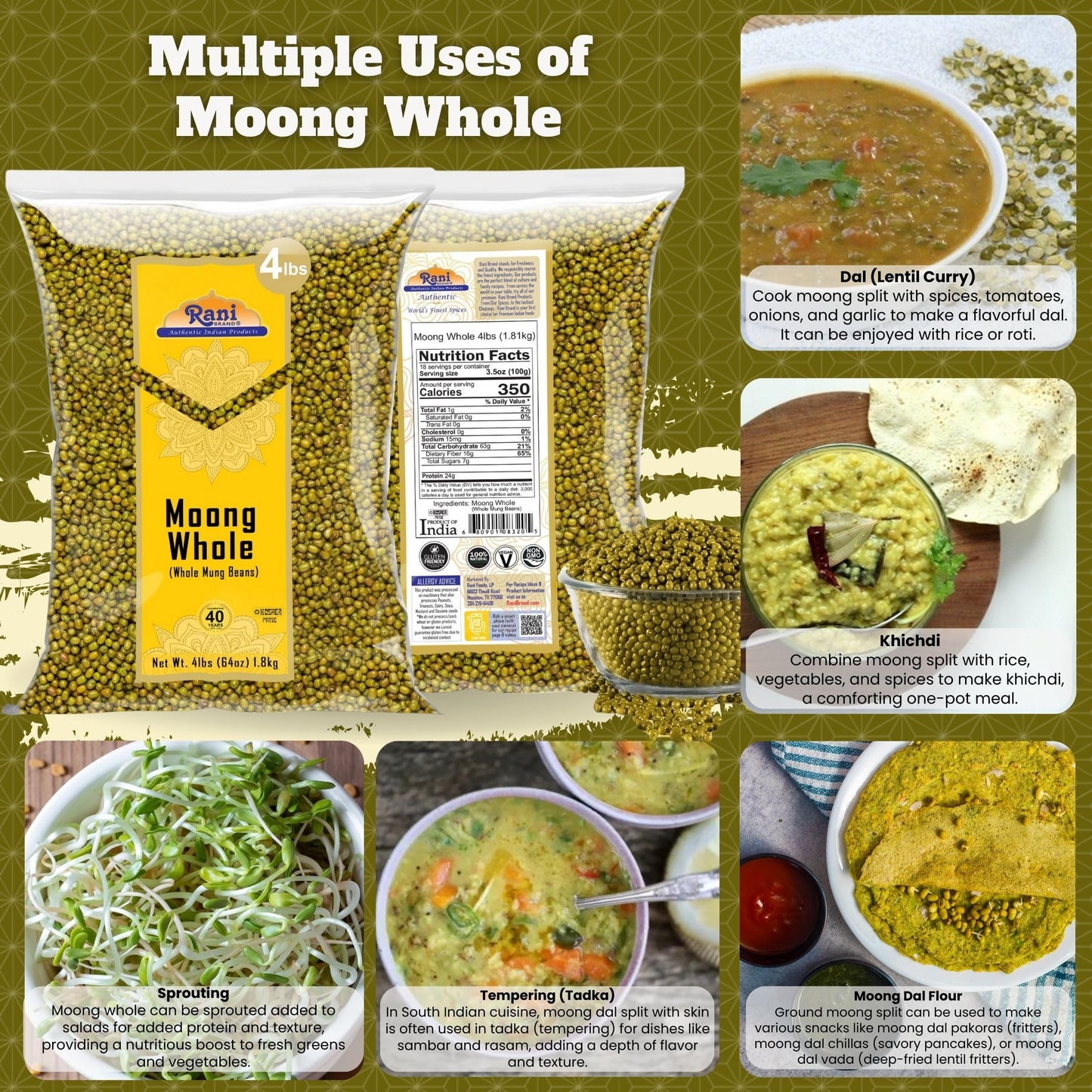 Rani Moong Whole (Ideal For Cooking & Sprouting, Whole Mung Beans With Skin) Lentils Indian 64Oz (4Lbs) 1.81Kg Bulk ~ All Natural | Gluten Friendly | Non-Gmo | Vegan | Indian Origin