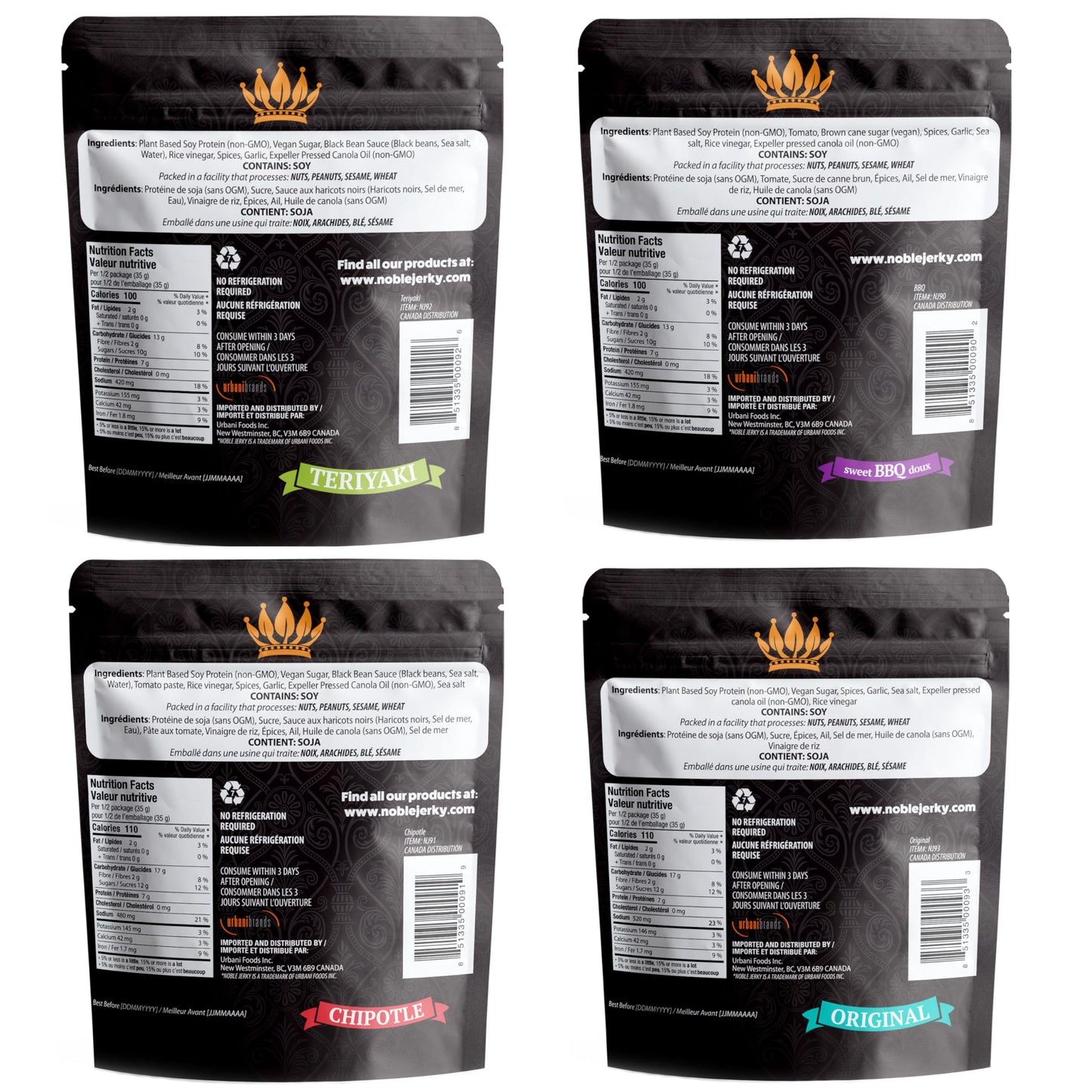 Noble Jerky - Vegan Jerky, Healthy Plant-Based Protein Snack, Vegetarian, Non-GMO, 4 Pack (Original, BBQ, Teriyaki, Chipotle), (