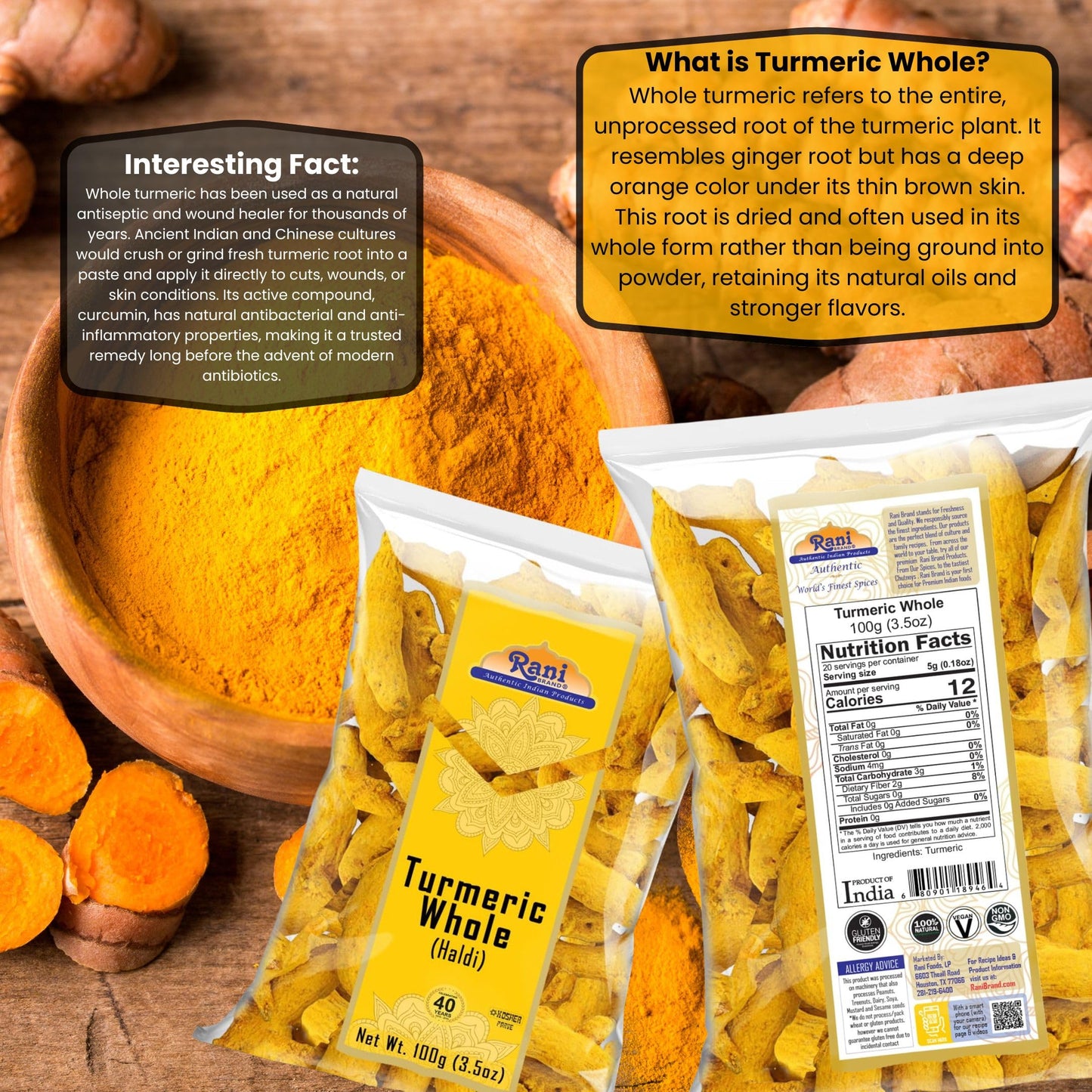 Rani Turmeric (Haldi) Root Whole Spice, Dried 3.5Oz (100G) ~ All Natural | 100% Pure | Vegan | Gluten Friendly | Non-Gmo | Koshe