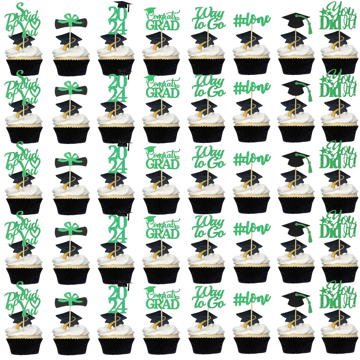 Graduation Cupcake Toppers 2024 Green,Glitter Class Of 2024 Cupcake Toppers Supplies,Class Of 2024 Congrats Grad Cap Diploma Cup