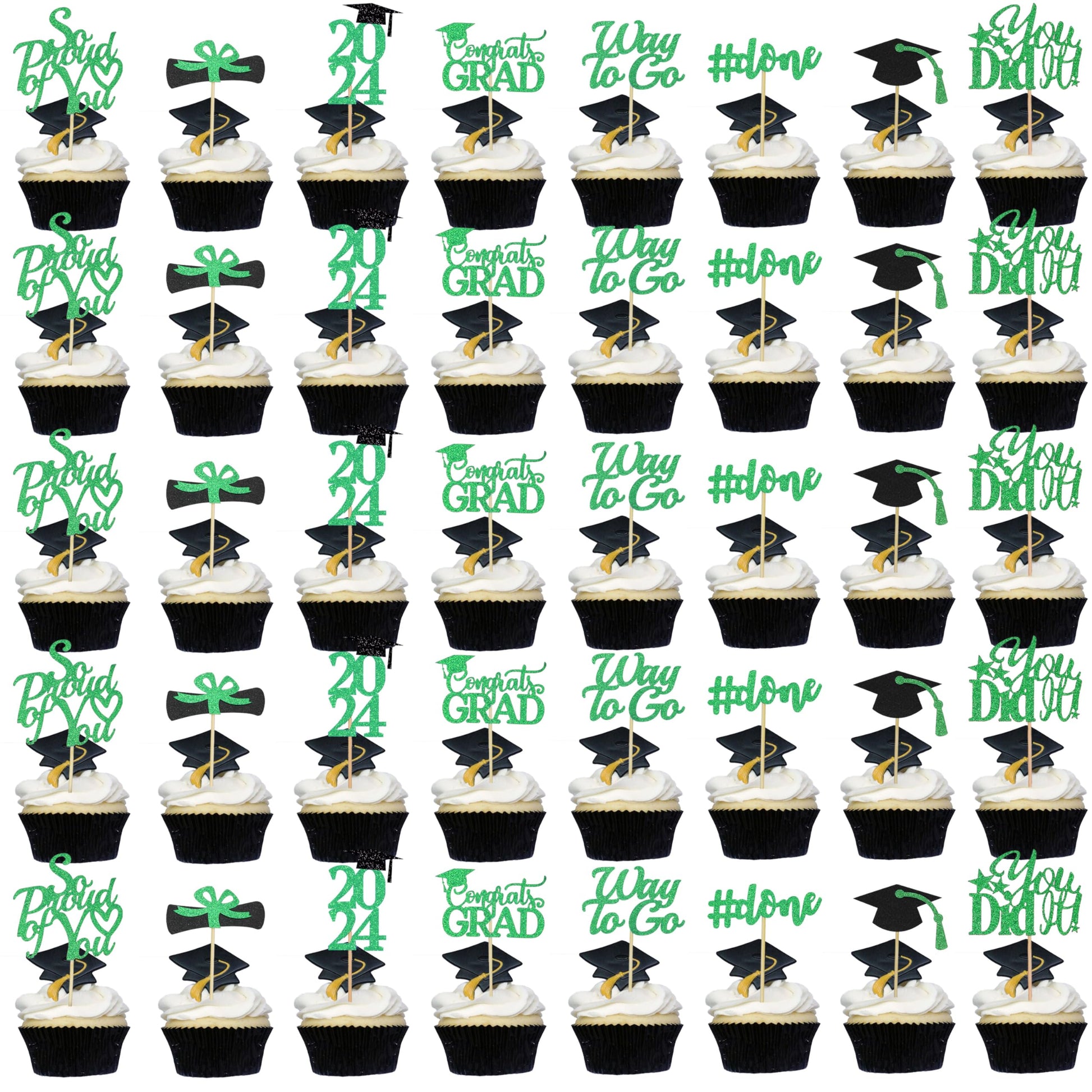Graduation Cupcake Toppers 2024 Green,Glitter Class Of 2024 Cupcake Toppers Supplies,Class Of 2024 Congrats Grad Cap Diploma Cup