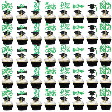 Graduation Cupcake Toppers 2024 Green,Glitter Class Of 2024 Cupcake Toppers Supplies,Class Of 2024 Congrats Grad Cap Diploma Cup