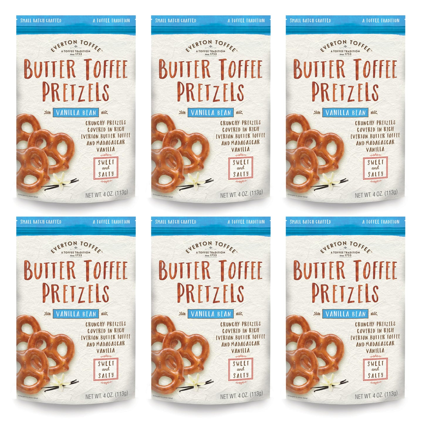 Everton Toffee Vanilla Bean Flavor Butter Toffee Pretzels, 6 Bags (4 oz Each), Sweet & Salty Gourmet Pretzel Snack, Small Batch 