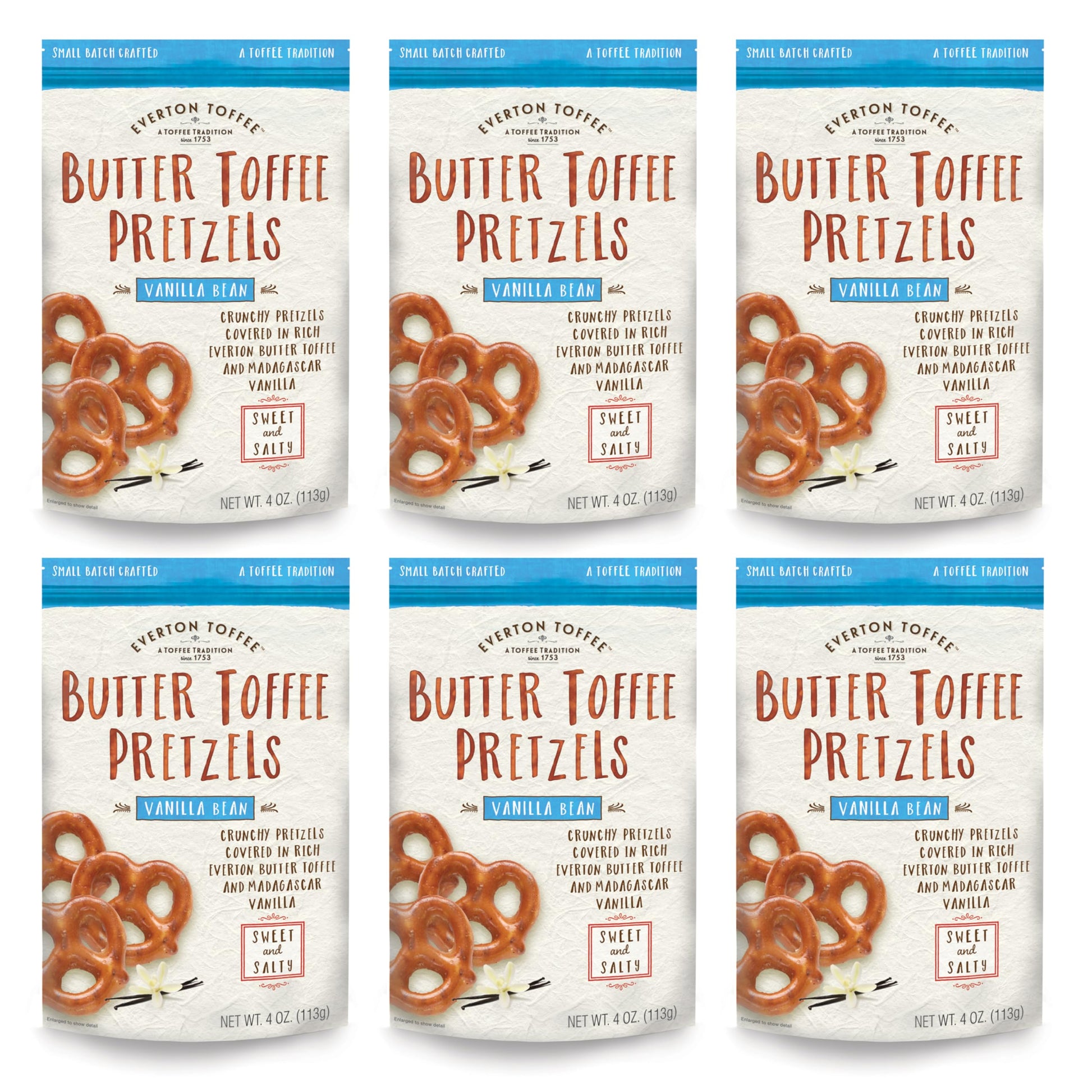 Everton Toffee Vanilla Bean Flavor Butter Toffee Pretzels, 6 Bags (4 oz Each), Sweet & Salty Gourmet Pretzel Snack, Small Batch 