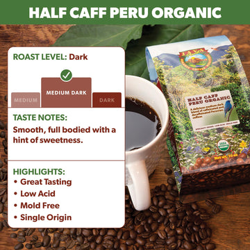Java Planet -Half Caff Peru Low Acid Organic Coffee Beans, Medium Dark Roast, Arabica Gourmet Coffee Grade A, Packaged In 1 Lb B