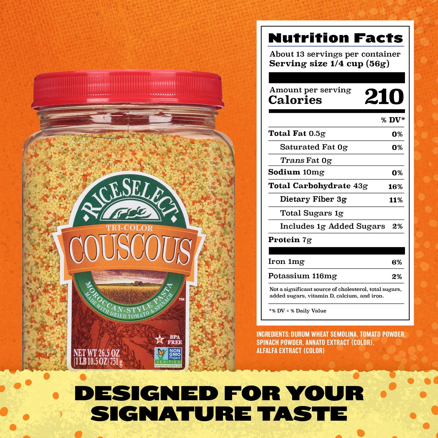 Riceselect Tri-Color Couscous, Moroccan-Style Couscous Pasta, Non-Gmo And Certified Kosher By Star K, 26.5-Ounce Jar, (Pack Of 1)