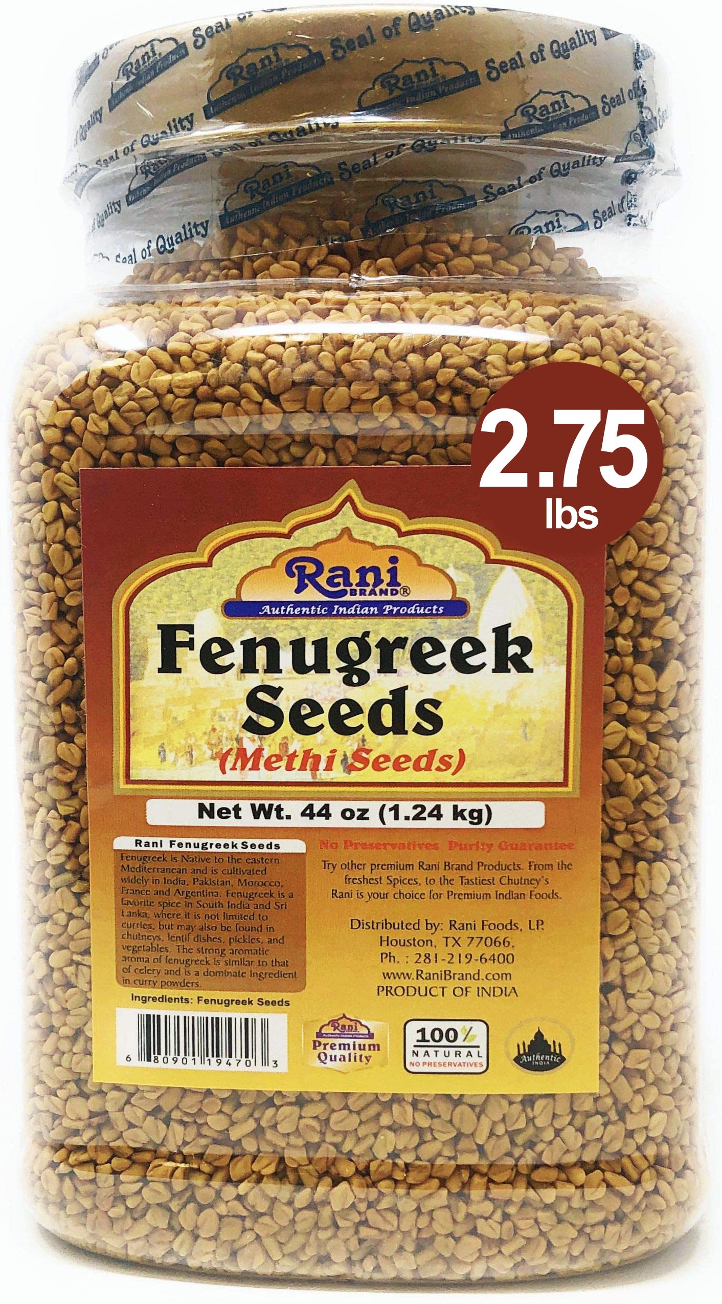 Rani Fenugreek (Methi) Seeds Whole 44oz (2.75lbs) 1.24kg Bulk PET Jar, Trigonella foenum graecum ~ All Natural | Vegan | Gluten 