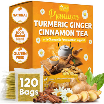 Premium Turmeric, Ginger, Cinnamon & Chamomile Flowers Tea | Improve Digestion, Support Brain, Weight, Skin and Sleep, Eco-Conscious Tea Bags