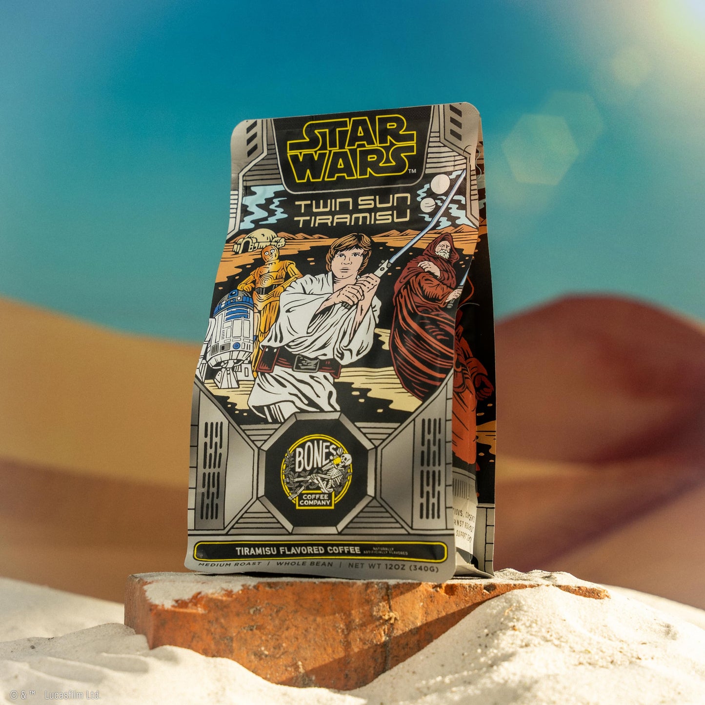 Bones Coffee Company Star Wars Twin Sun Tiramisu Flavored Coffee Beans, Whole Bean Coffee Medium Roast Low Acid, Tiramisu Flavor (12 Oz)