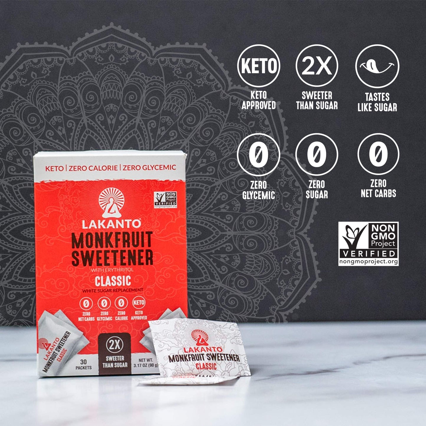 Lakanto Classic Monk Fruit Sweetener Packets - White Sugar Replacement, Zero Net Carbs, Zero Glycemic, Zero Calorie, Sweeten On