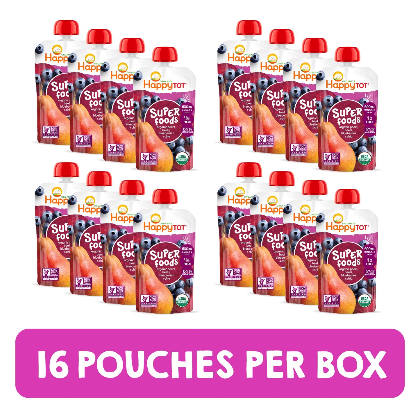 Happy Tot Organics Stage 4 Baby Food Pouches, Gluten Free, Vegan Snack, Superfoods Fruit & Veggie Puree, Pears, Blueberries, Bee