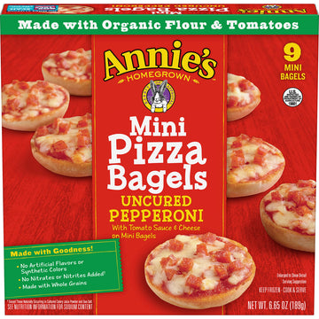 Annies Frozen Mini Pizza Bagels, Uncured Pepperoni, Snacks, 9 Ct, 6.65 oz