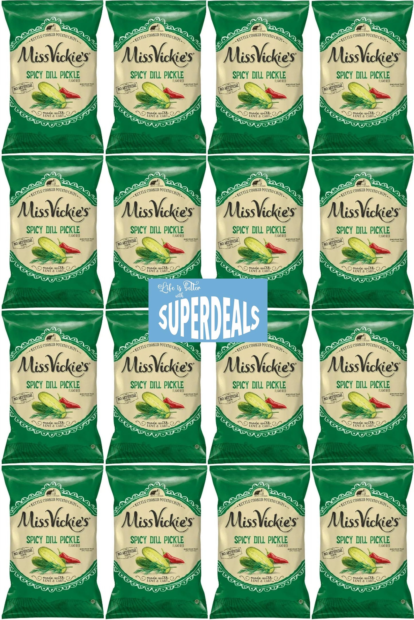 Kettle Cooked Potato Chips By Miss Vickie'S Value Pack Bundled By Superdeals | 1.375 Oz Bag | Spicy Dill Pickle | Pack Of 16 Wit
