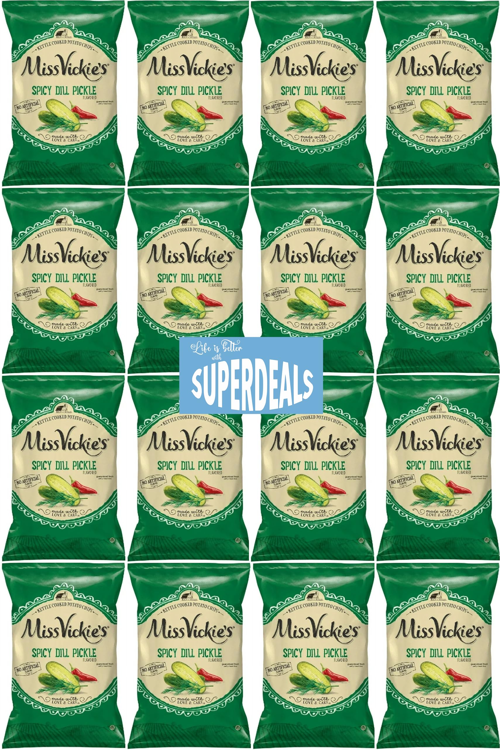 Kettle Cooked Potato Chips By Miss Vickie'S Value Pack Bundled By Superdeals | 1.375 Oz Bag | Spicy Dill Pickle | Pack Of 16 Wit