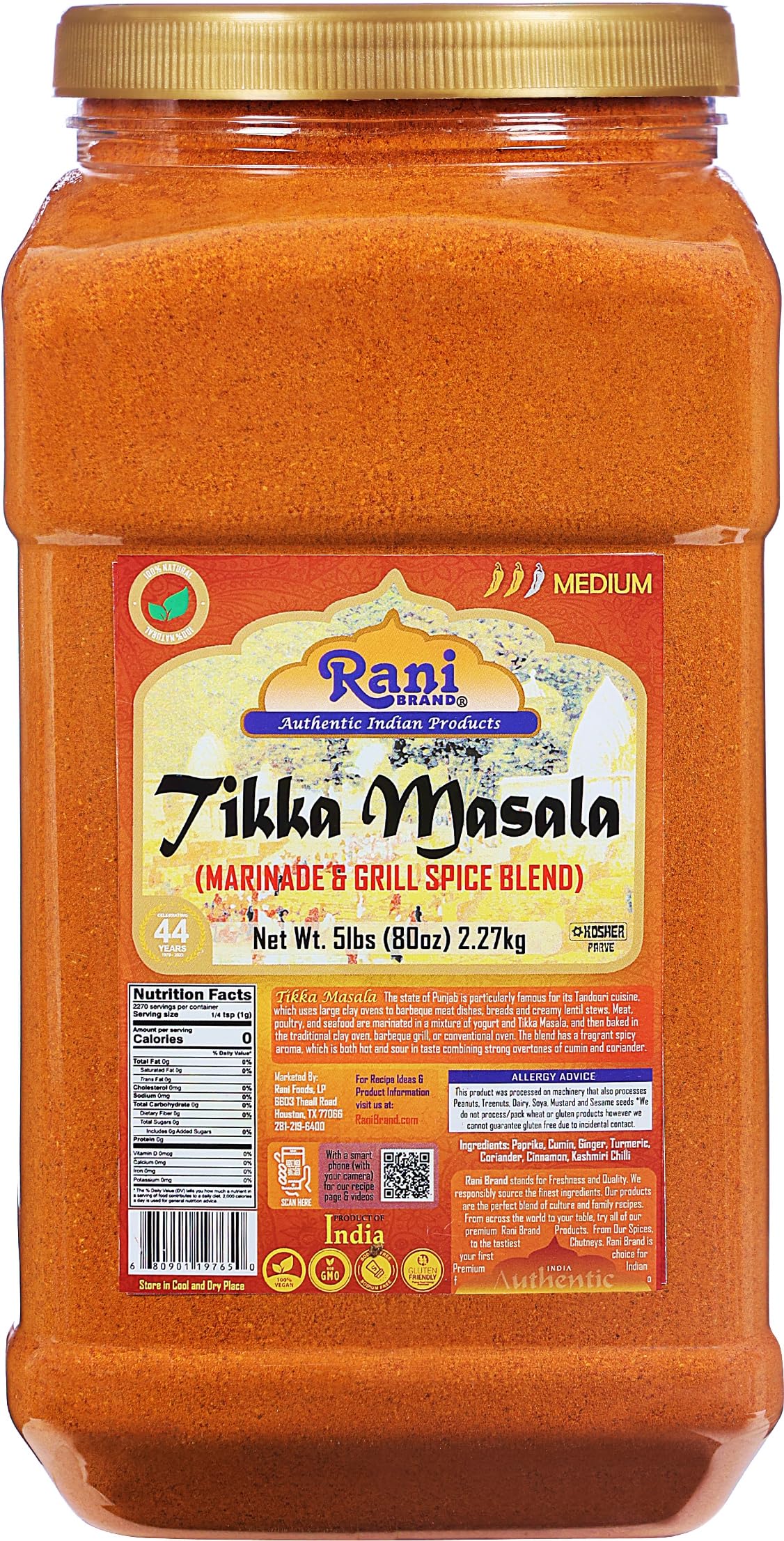 Rani Tikka Masala Indian 7-Spice Blend 80oz (5lbs) 2.27kg Bulk PET Jar ~ All Natural | Salt-Free | Vegan | No Colors | Gluten Fr