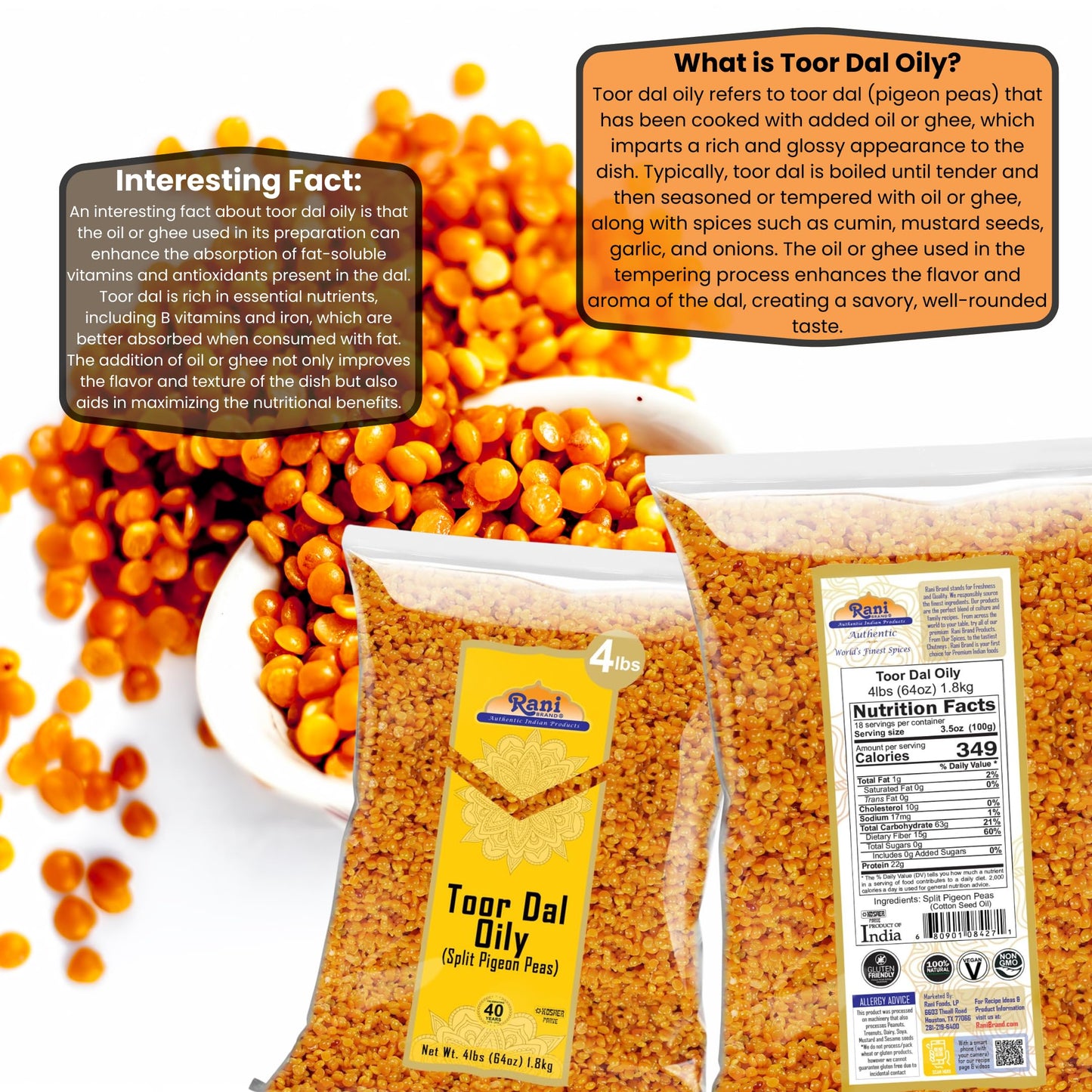 Rani Toor Dal (Split Pigeon Peas) Oily, 64Oz (4Lbs) 1.81Kg Bulk ~ All Natural | Gluten Friendly | Non-Gmo | Vegan | Indian Origi